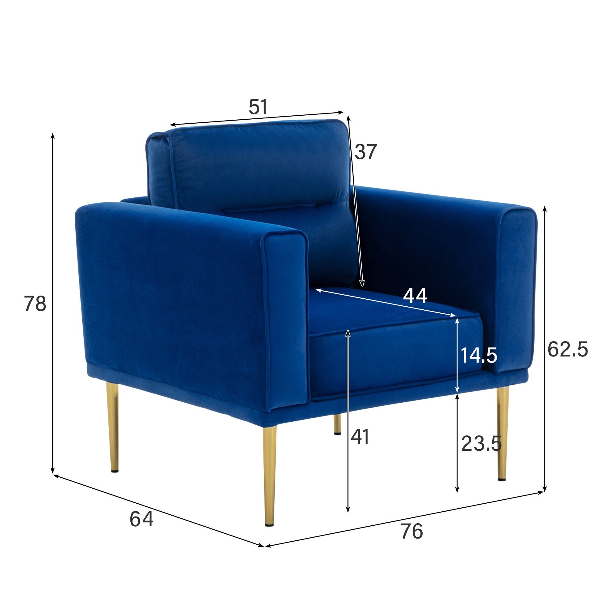 goldenen mit Samtbezug Ohrensessel, Merax Einzelsofa, Relaxsessel, Ruhesessel, Blau Metallbeine, Sessel