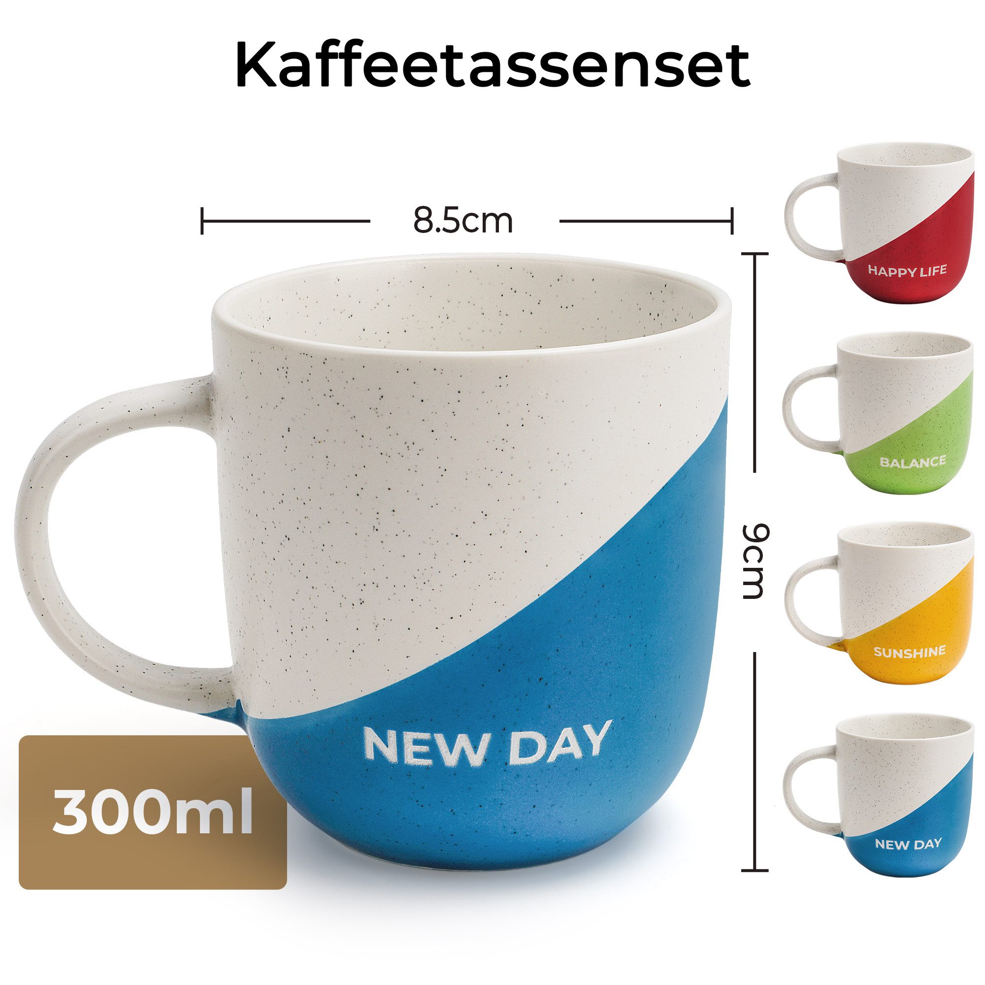 MiaMio Tasse Happy Life, 4-tlg., Keramik, Spruchmotiv, 300 ml