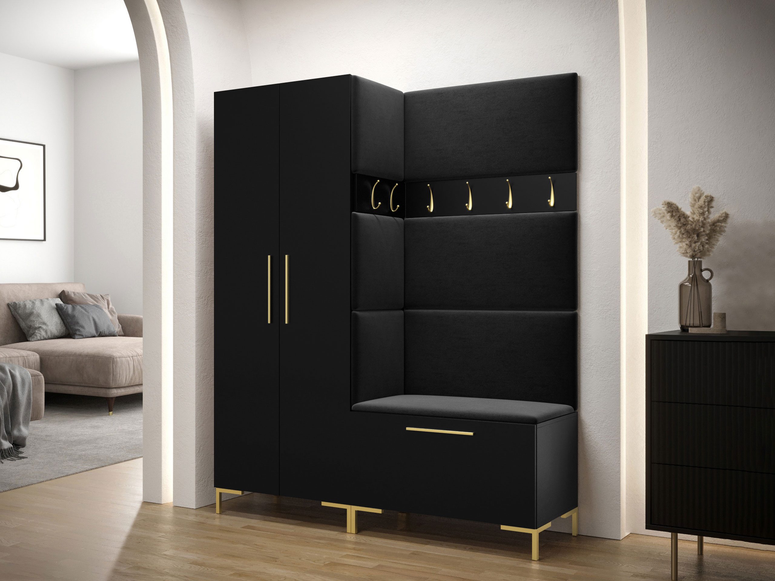 MIRJAN24 Garderoben-Set Zilion I, (Komplett-Set, Drehtürenschrank, Schrank, 2x Kleiderhaken, Paneel 3x 42x42, 4x 84x42), Auswahl aus Fronten und Polsterplatten