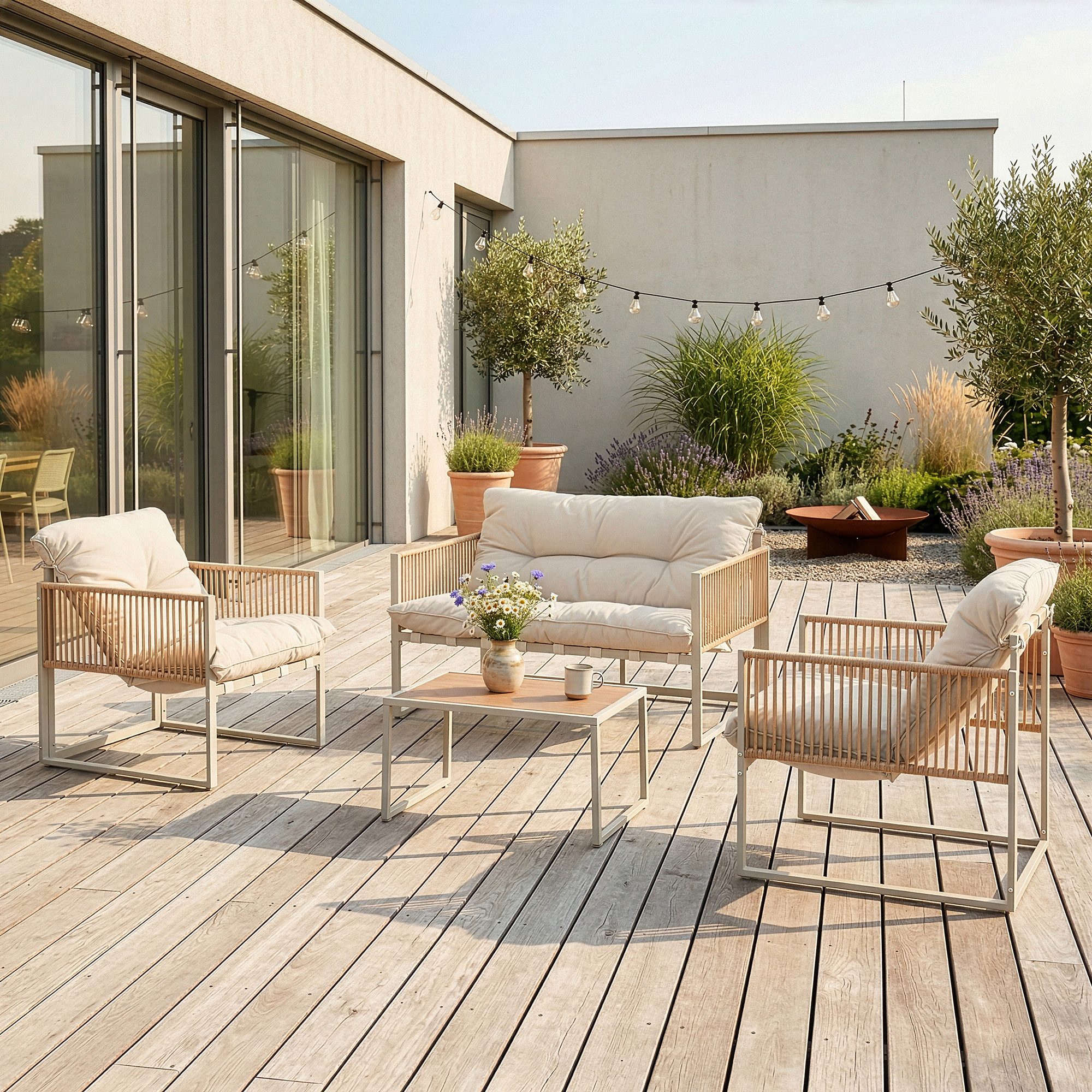 casa.pro Gartenlounge-Set, (Set, 4-tlg., 1 Couchtisch, 1 Sitzbank, 2 Sessel), »Karg« mit Polsterkissen Stahlgestell Beige/Rattanoptik