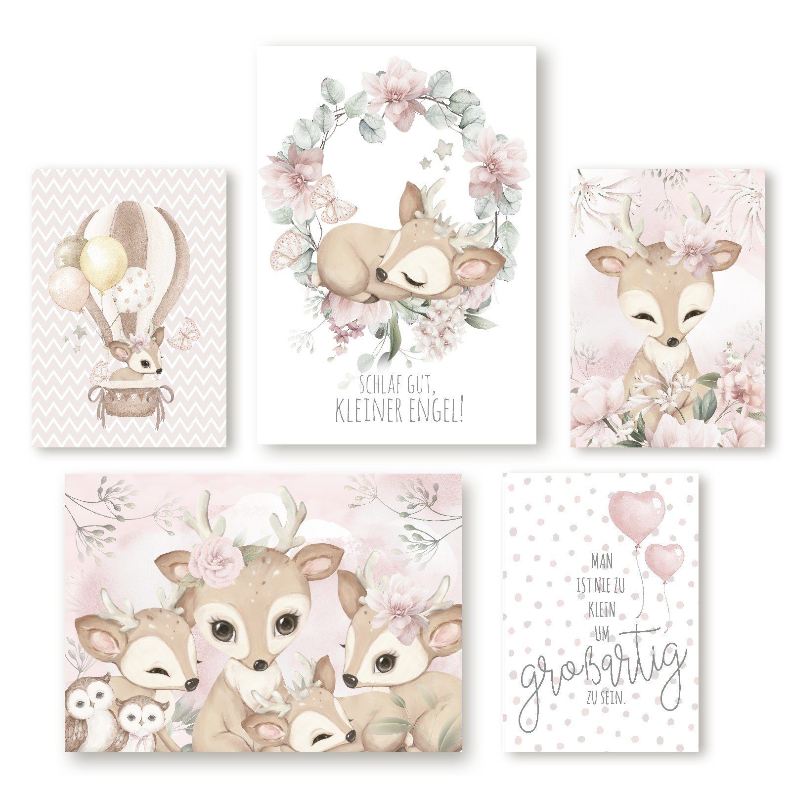 homestyle-accessoires Poster Bilder Set Kinderbilder SCHLAF GUT KLEINER ENGEL - BAMBI REH, (5 St), Ohne Bilderrahmen