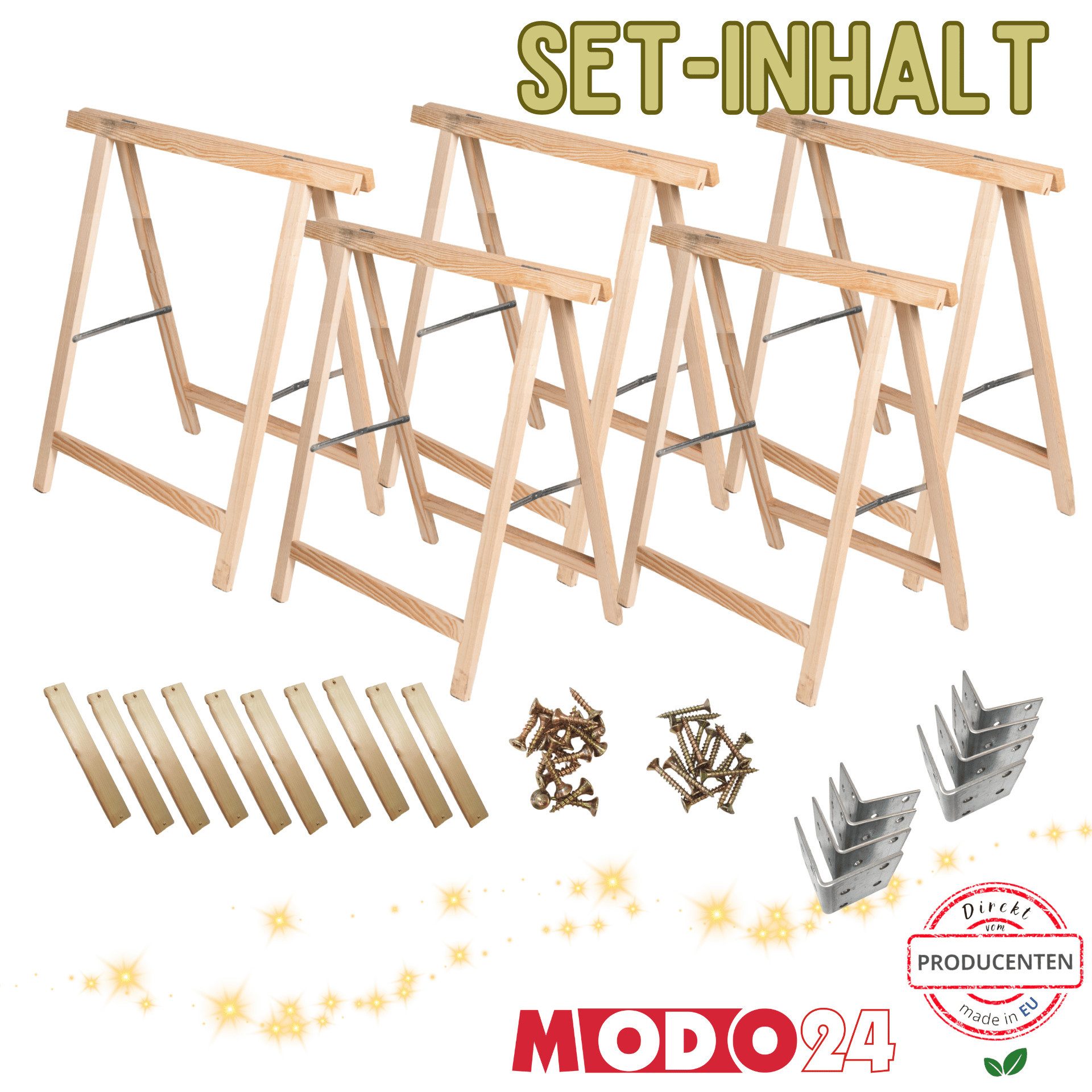 Modo24 Sägebock Holzbock, Klappbock Arbeitsbock, 5er-Set inklusive Montageteile, (Weihnachtsstern SET, 5-St), DIY Stern, Tapezierbock Montagebock Unterstellbock, 180x180x73 cm
