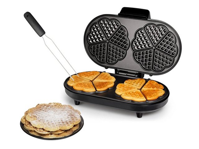 Tristar Waffeleisen, 1200 W, für 10 dünne herzförmige Waffeln Ø16cm Wafflemaker mit Waffelgabel