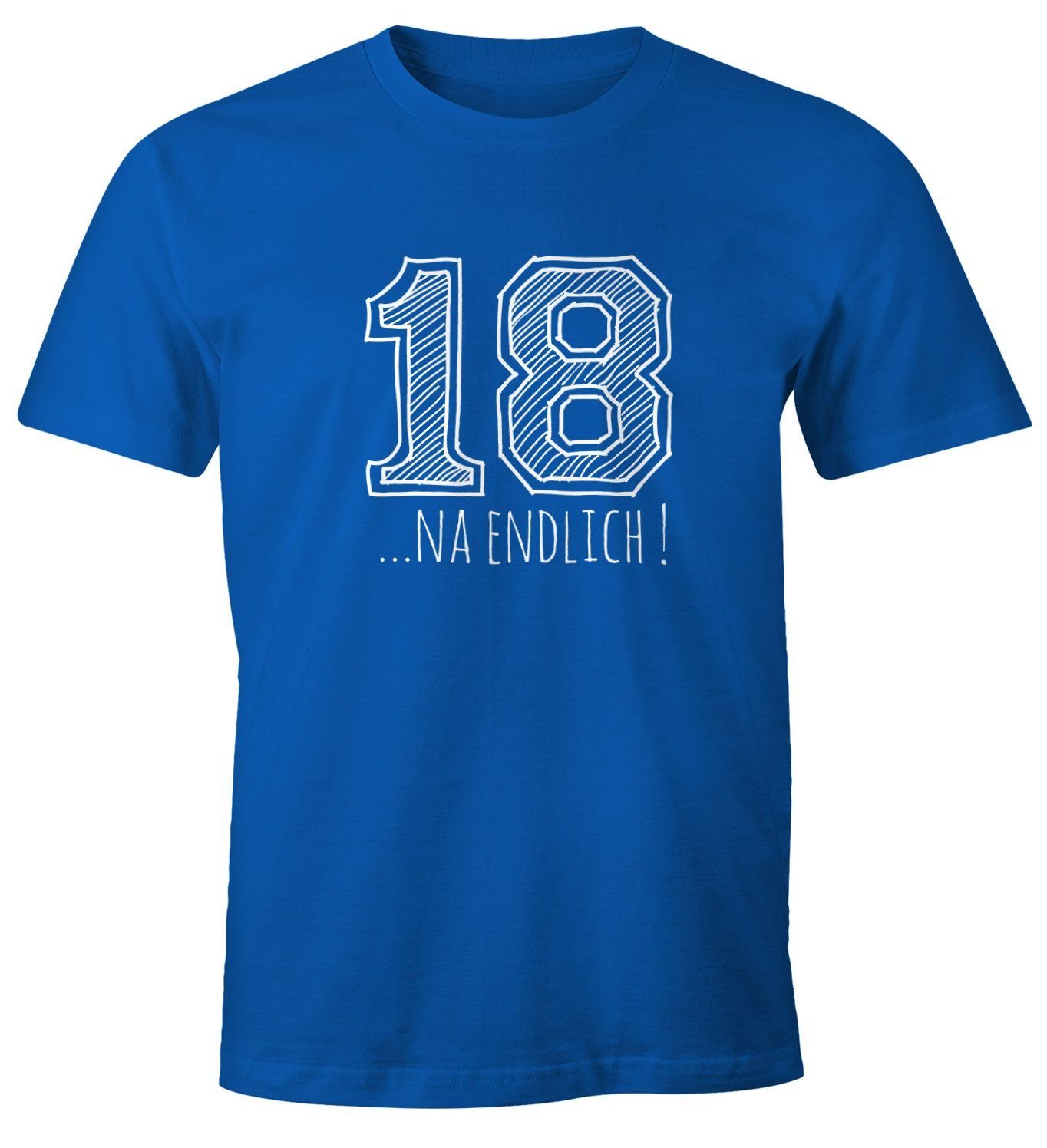 Herren Geschenk mit Fun-Shirt Moonworks® Sketch Print-Shirt na Geburtstag 18... MoonWorks blau College T-Shirt endlich Print