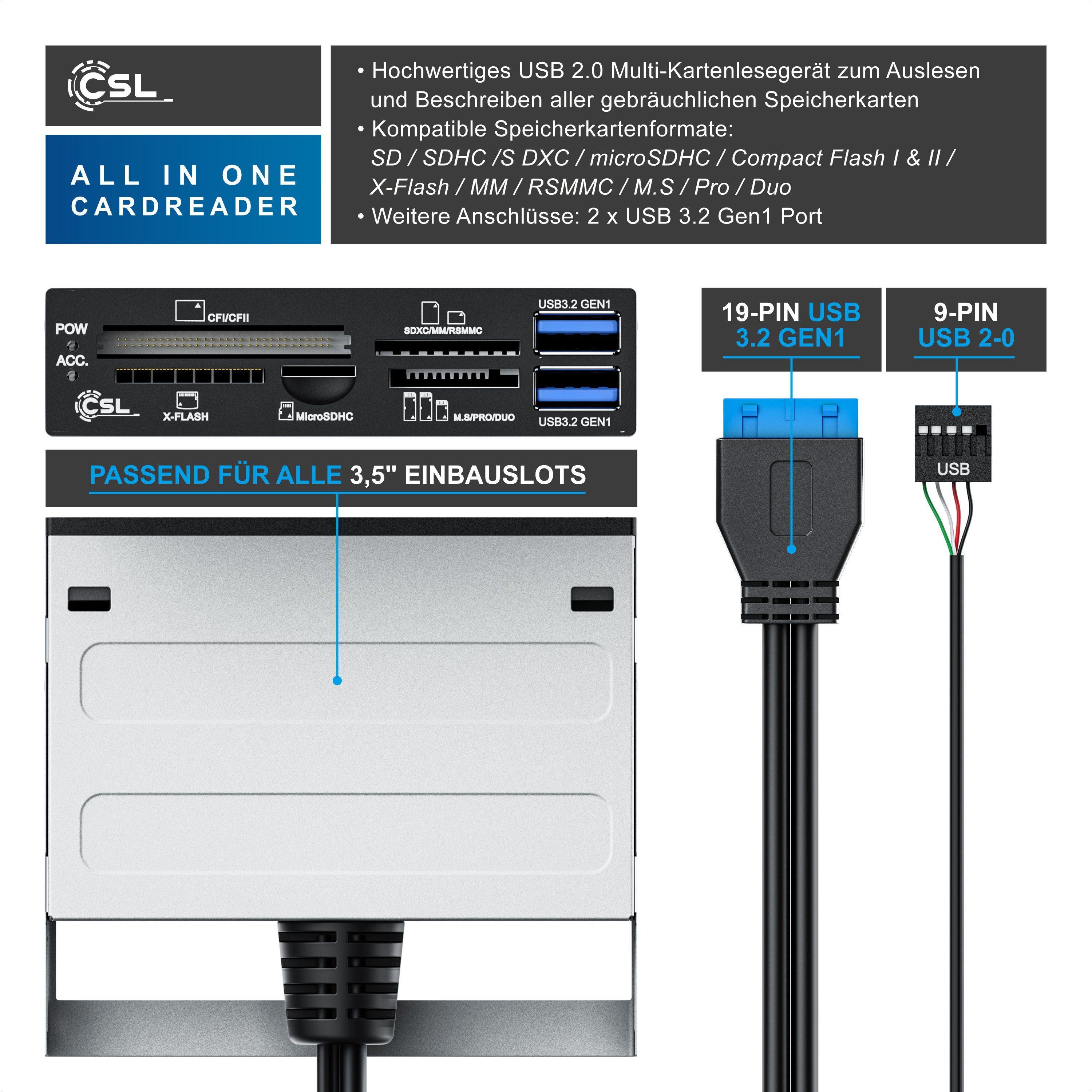 CSL Speicherkartenleser 3,5" interner Cardreader, Kartenleser 2 x USB 3.2 Gen1 Schnittstellen, USB 2.0, USB 3.0, SD/SDXC/microSD/microSDHC/M2/CF/MMC/MS/XD