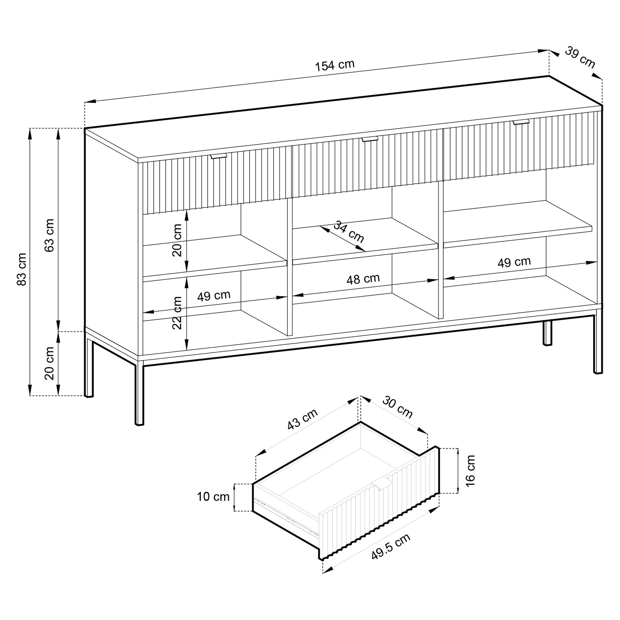 Masseno Kommode STELLARE 154 cm Sideboard mit 3 Schubladen und 3 Türen Grau