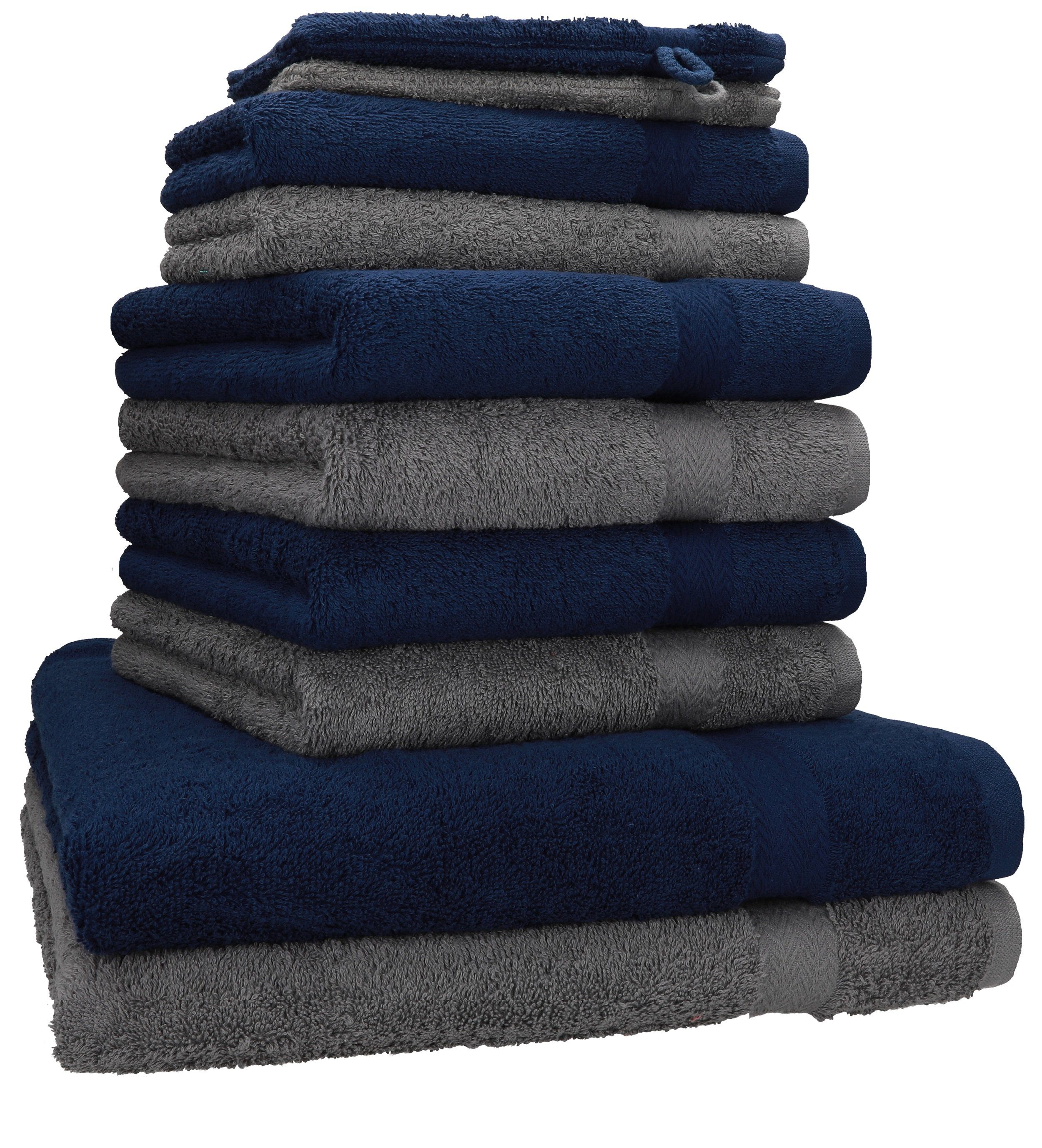 Betz Handtuch Set »10-tlg. Handtuch-Set Premium 100% Baumwolle 2  Duschtücher 4 Handtücher 2 Gästetücher 2 Waschhandschuhe Farbe Anthrazit &  Dunkelblau« (10-tlg)