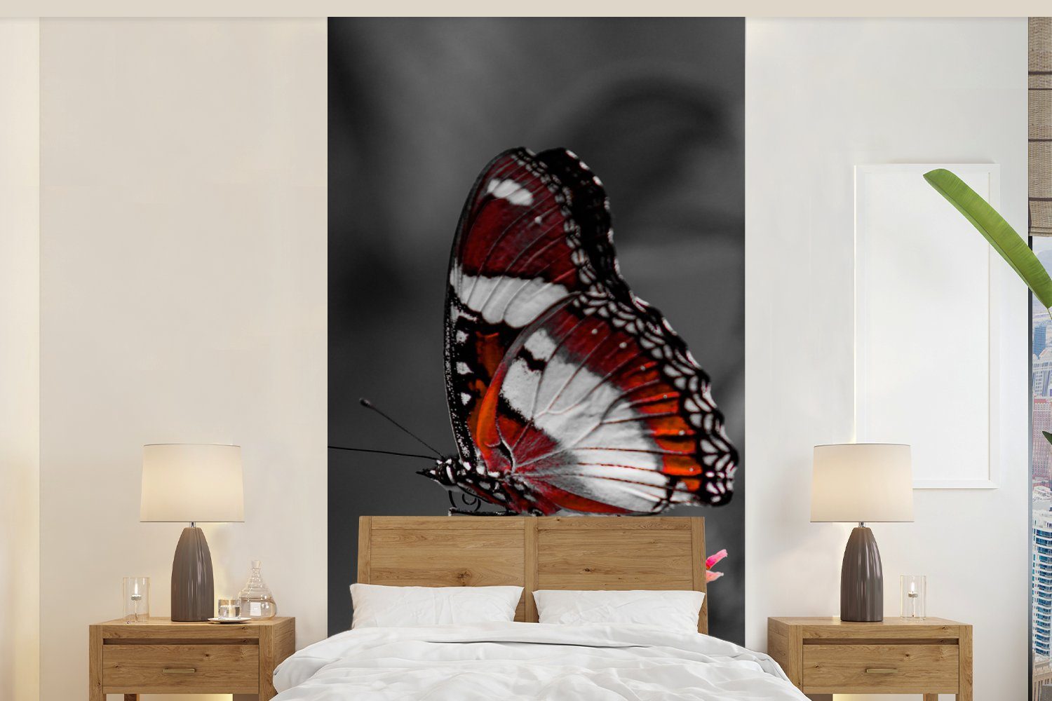 MuchoWow Fototapete Schmetterling - Tiere für - Fototapete weiß St), Wohnzimmer Blumen - und Schwarz bedruckt, - Küche, Orange, Schlafzimmer Vliestapete Matt, (2