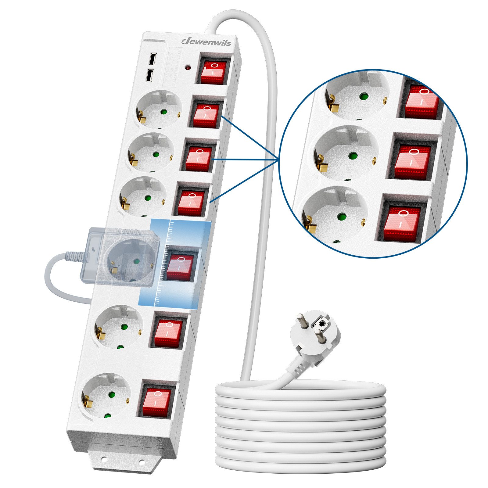 DEWENWILS Steckdosenleiste 6-fach (einzeln schaltbar, USB-Anschlüsse, Kindersicherung, Überspannungsschutz, Kabellänge 5 m), Mehrfachsteckdose mit USB, 16A/3680W