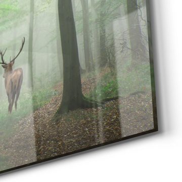 DEQORI Glasbild 'Hirsch zwischen Bäumen', 'Hirsch zwischen Bäumen', Glas Wandbild Bild schwebend modern
