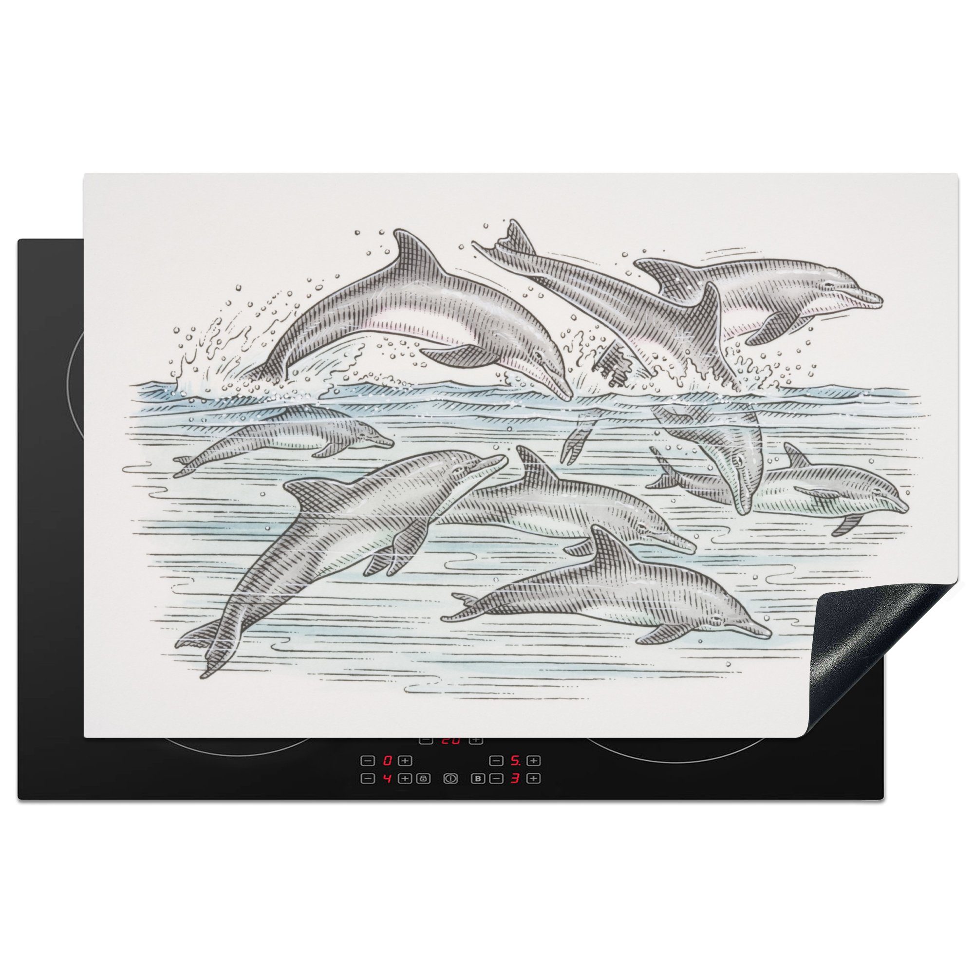 MuchoWow Herdblende-/Abdeckplatte Delfine - Wasser - Tiere, Vinyl, (1 tlg), 81x52 cm, Induktionskochfeld Schutz für die küche, Ceranfeldabdeckung