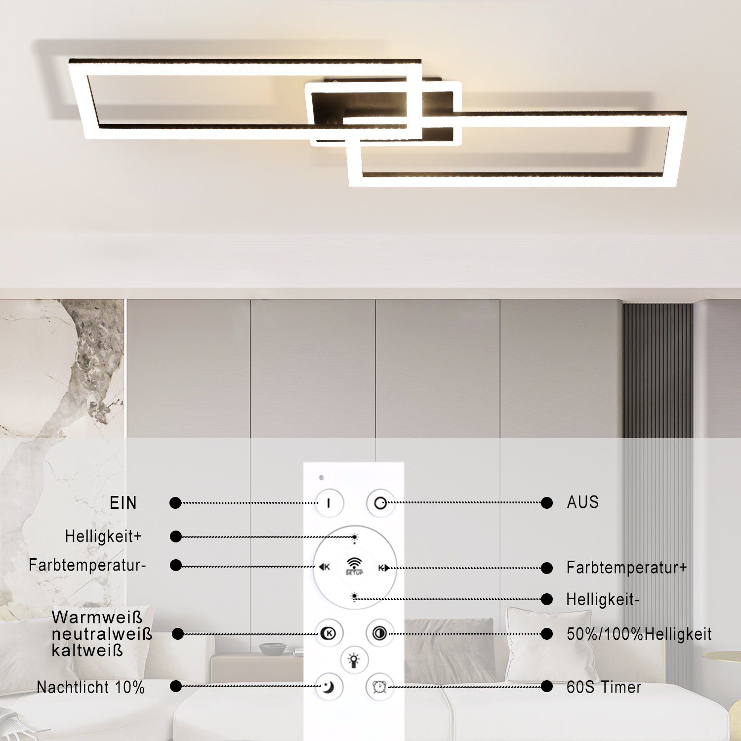mit Schwarz Kristall 56W Nettlife Fernbedienung für Schlafzimmer Deckenleuchte Küche LED Metall