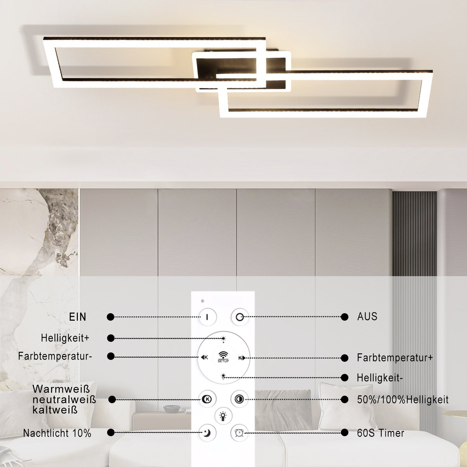 Nettlife LED Deckenleuchte LED Deckenleuchte Schwarz 56W aus Metall Kristall, LED fest integriert, Warmweiß Neutralweiß Kaltweiß, Schlafzimmer küche – Bild 3 von 5