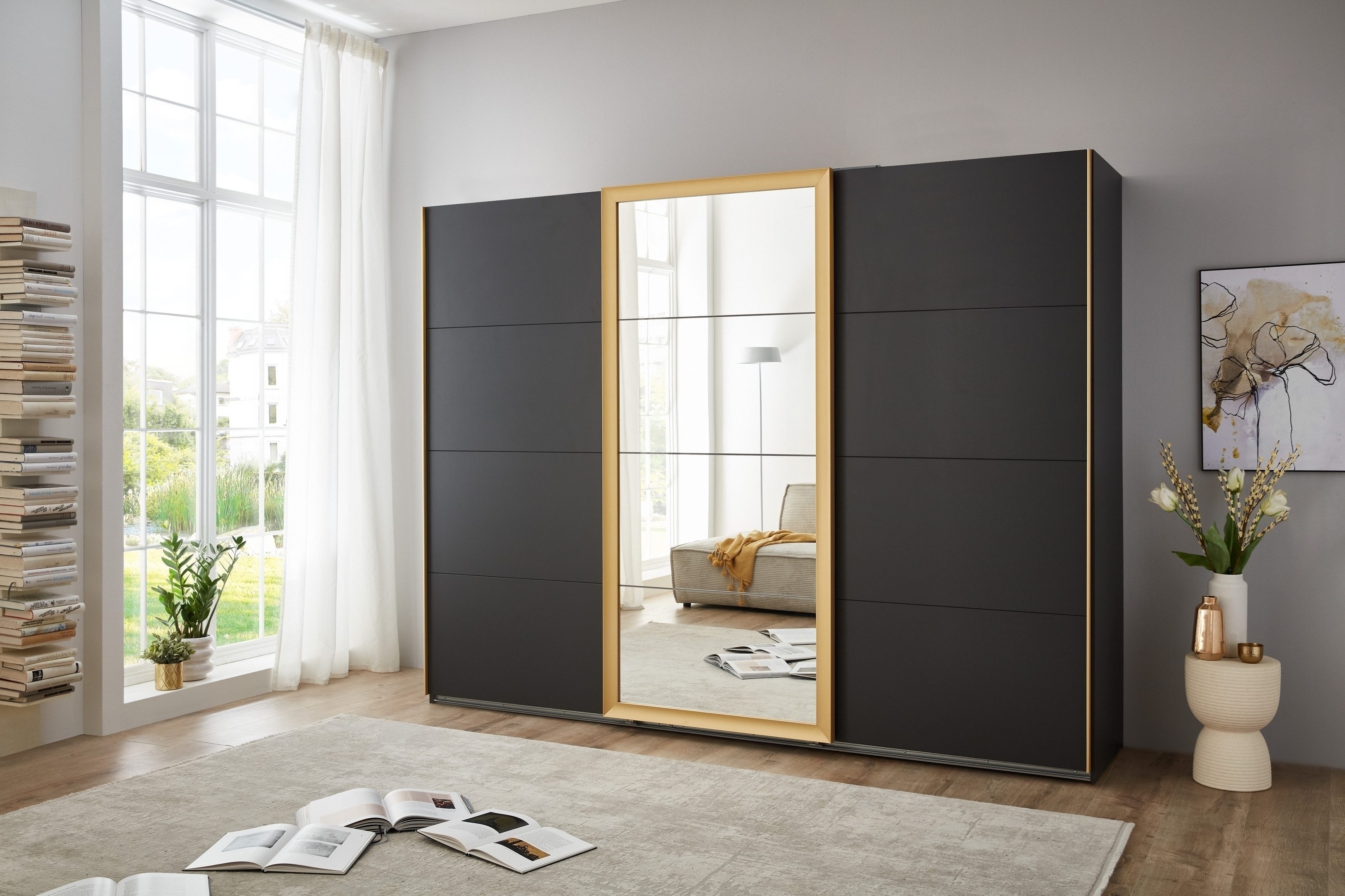 freiraum Schwebetürenschrank KATAR in GRAPHIT + GOLDFARBIG MATT - 270x208x64cm (BxHxT)