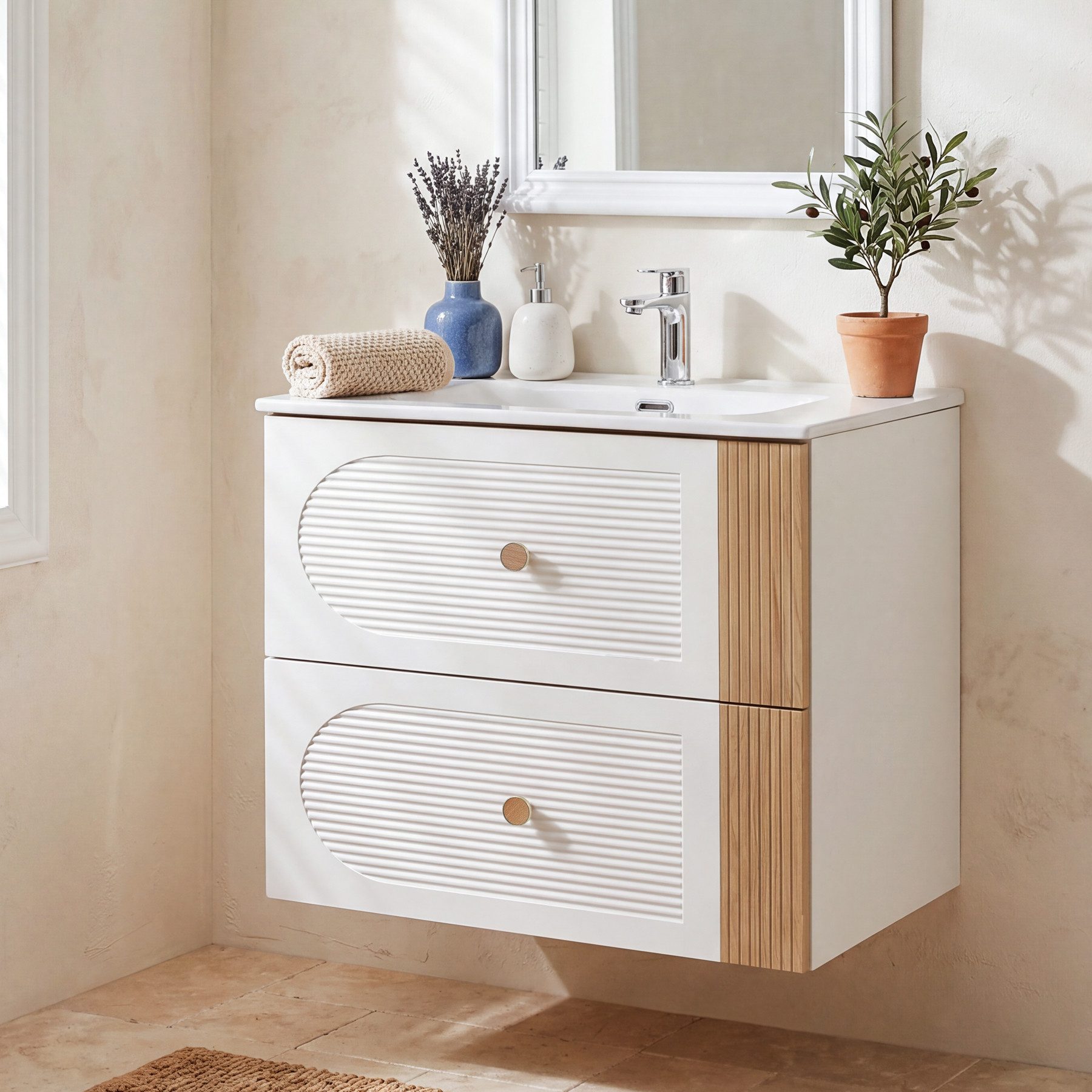 Tribesigns Waschtisch Waschtischunterschrank mit Keramikwaschbecken 60 cm (Weiß, Wandmontiert, 2 Schubladen, Helles Eichenholz-Optik)