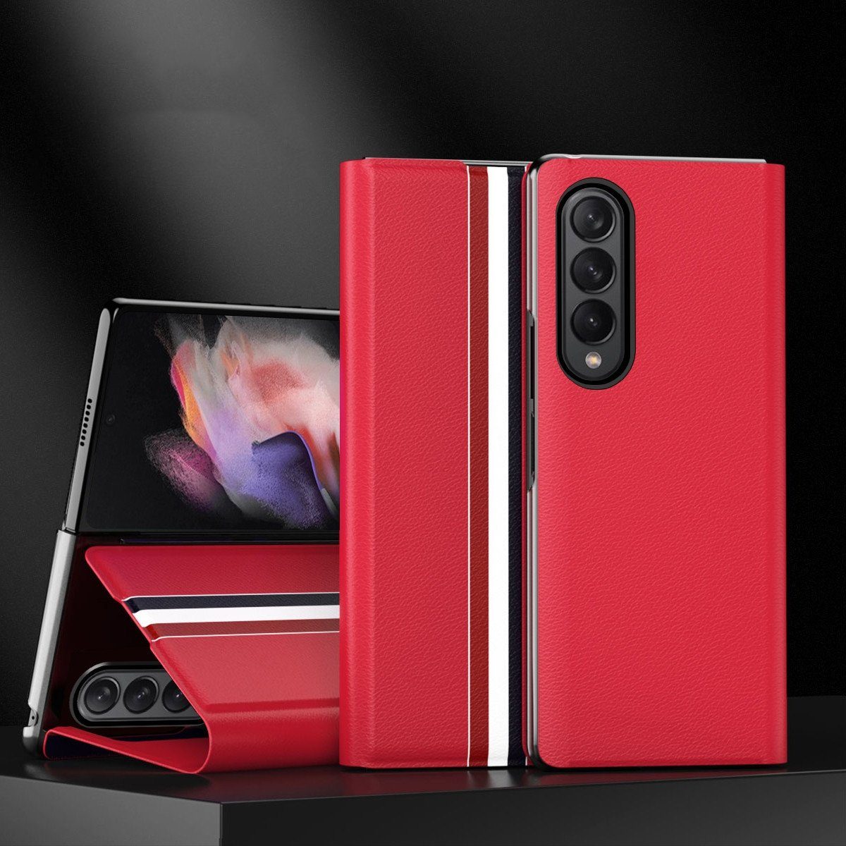 Wigento Handyhülle Für Samsung Galaxy Z Fold4 5G Kunstleder / Kunststoff Handy Tasche Hülle Etuis Rot