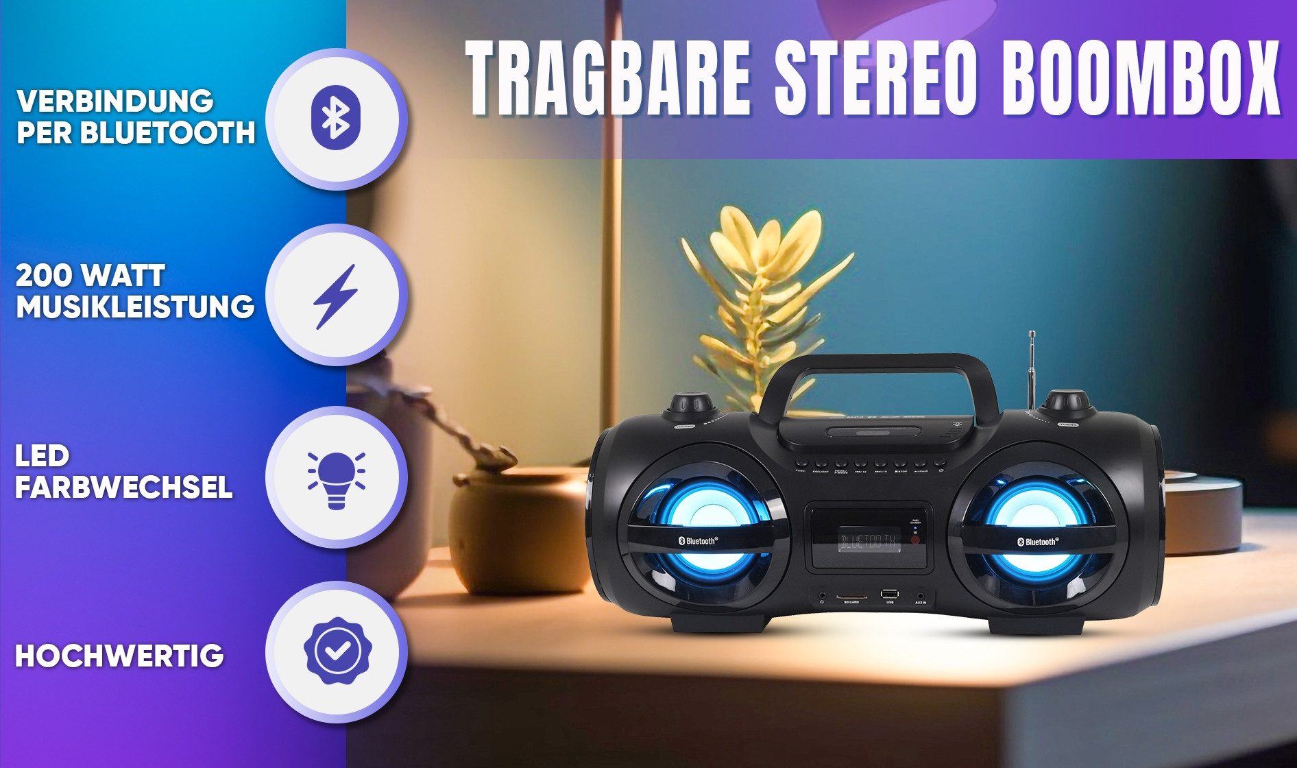 Reflexion CDR900BT Boombox (UKW-Radio, 200 W, Ghettoblaster, LED Discolicht, CD-Player, Equalizer, Bluetooth)