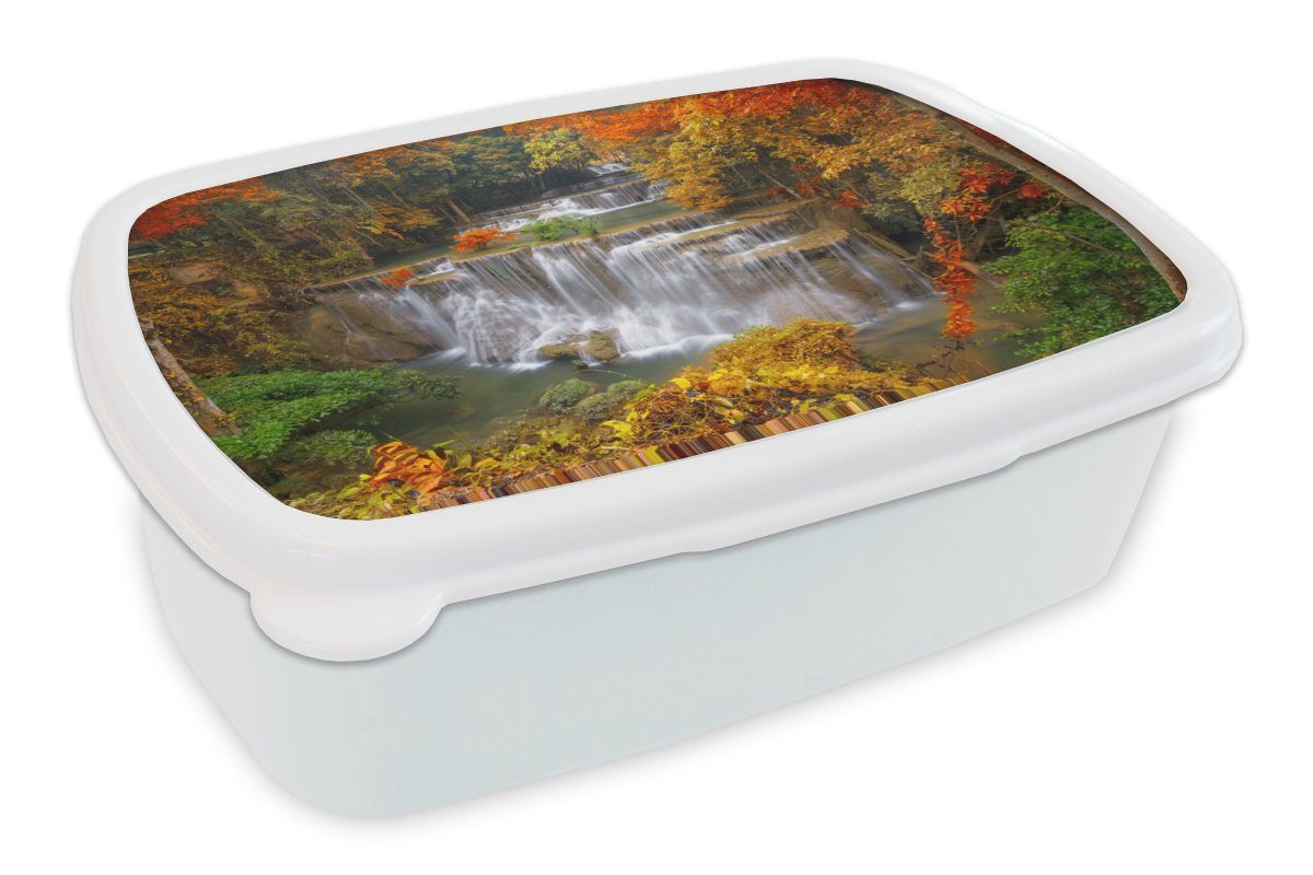 und Lunchbox Brotbox für Wasserfall weiß Kunststoff, (2-tlg), für - Herbst, Erwachsene, Mädchen - Jungs MuchoWow Brotdose, und Bäume Kinder