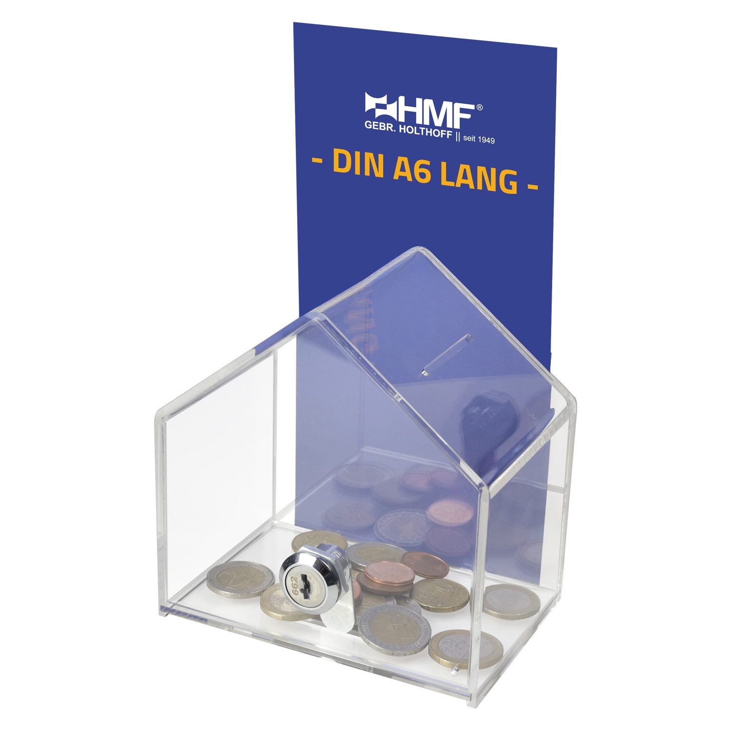 HMF Geldkassette Spendenbox 46911, Acryl Spendenhaus mit Schloss, 13,8 x 12,5 x 9 cm, transparent