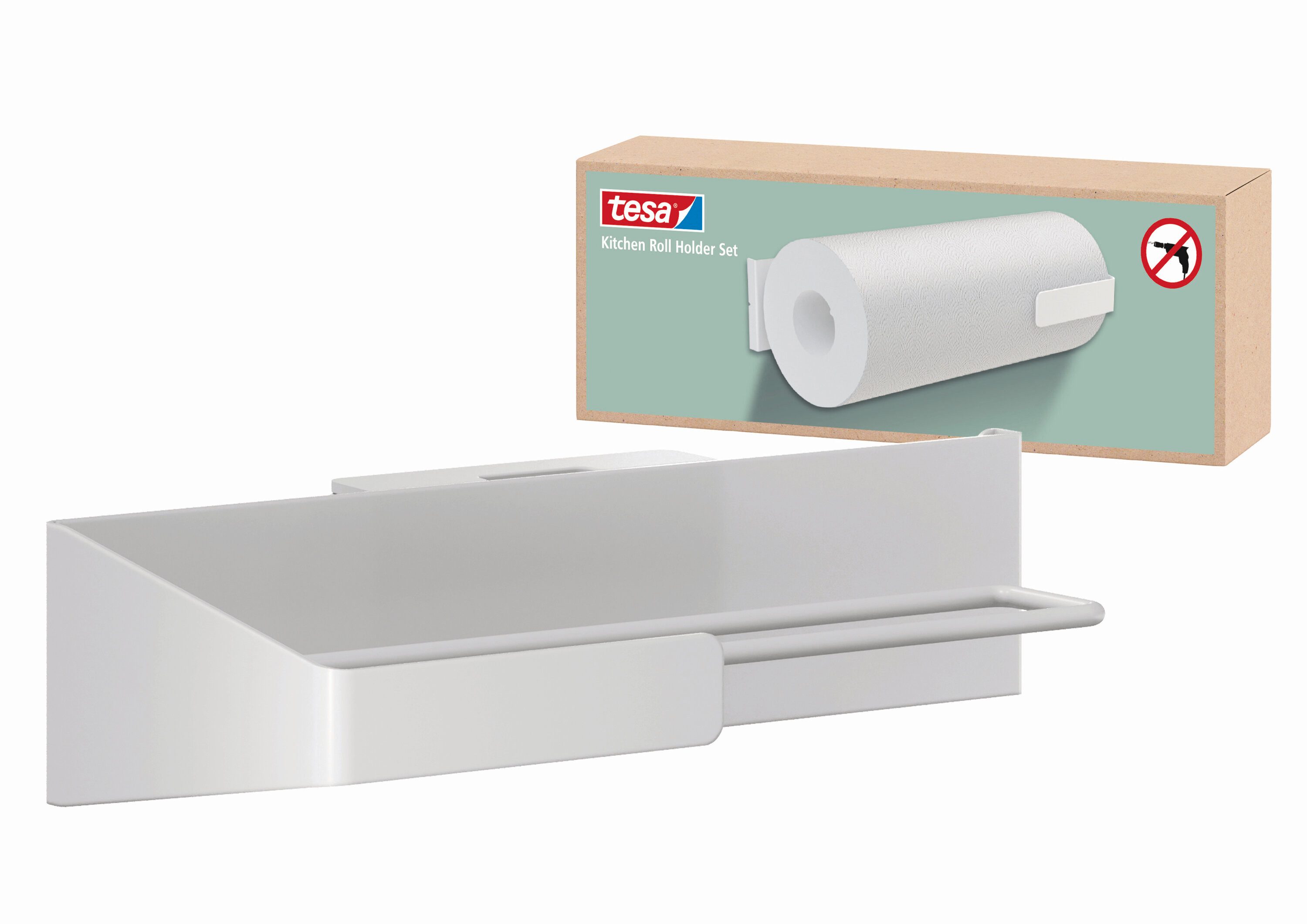 tesa Держатель кухонного рулона tesa Küchenzubehör Rollenhalter - selbstklebender Küchentücher-Halter, (Komplett-Set, 3-St., Wandrollenhalter, Adapter, tesa Power.Kit Klebelösung, Wasserwaage), Wandhalterung für Küchenrollen, Montage ohne Bohren