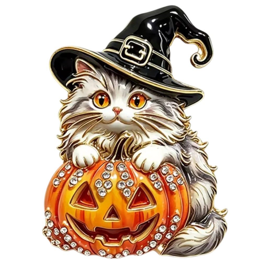 Dark-Desires Brosche Halloween-Brosche Hexenkatze mit Kürbis & Hexenhut Emaille & Strass, Damen Brosche vintage Accesssoire retro Anstecknadel