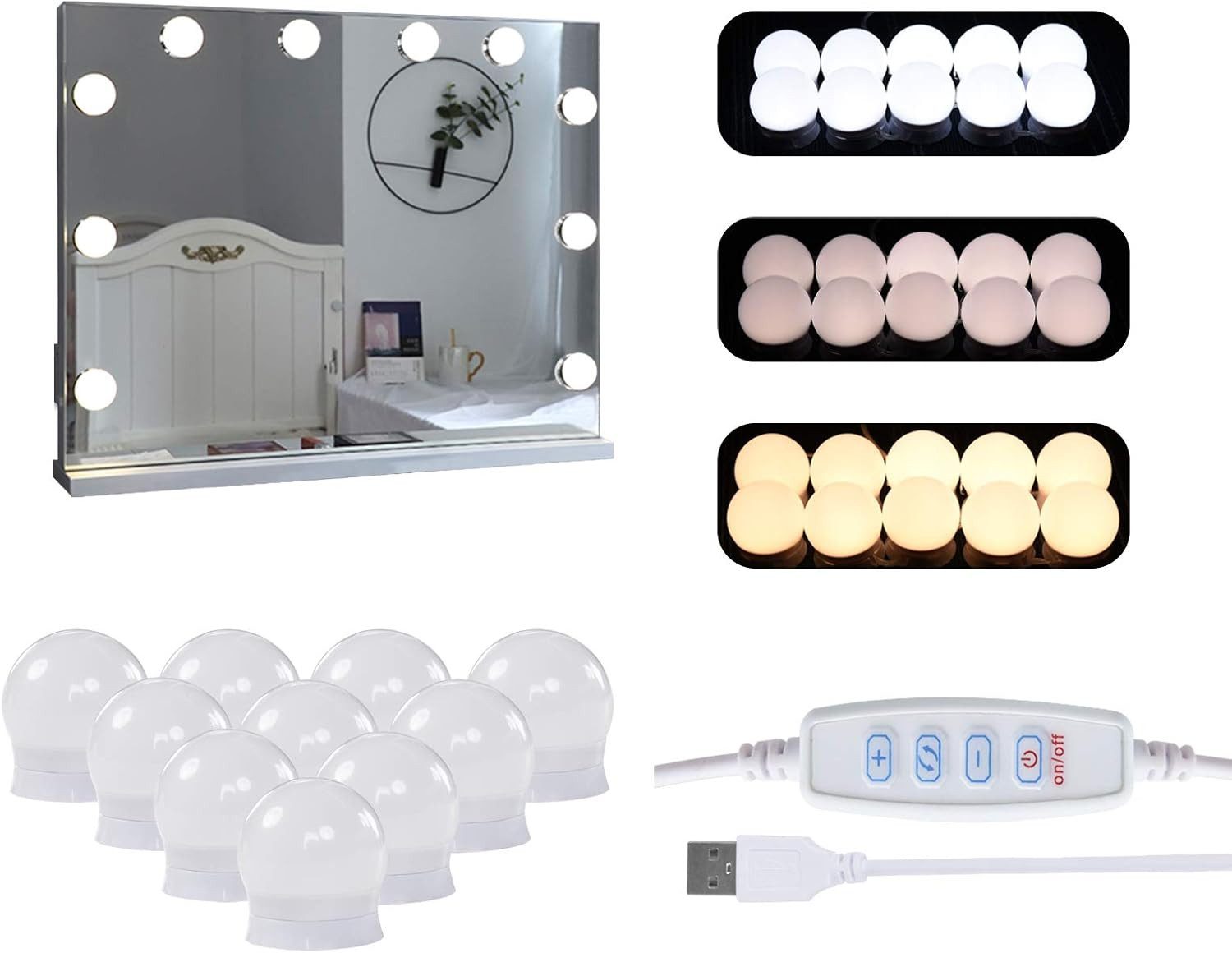 Ofcasa LED Spiegelleuchte 3 Lichtfarben Hollywood-Leuchten mit Schalter, LED wechselbar, Farbwechsler, einstellbare Helligkeit, Schminktische Leuchte, USB-Kabel Spiegellampe