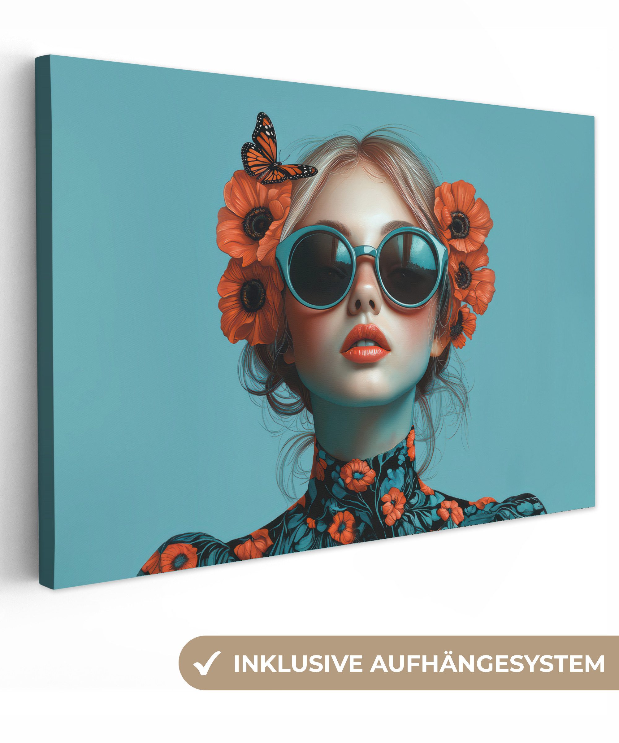 OneMillionCanvasses® Leinwandbild Frau - Blau - Schmetterling - Floral - Ästhetisch, Fotodruck (1 St), Leinwand Bilder Klein, Wand Dekoration Aesthetic 30x20 cm