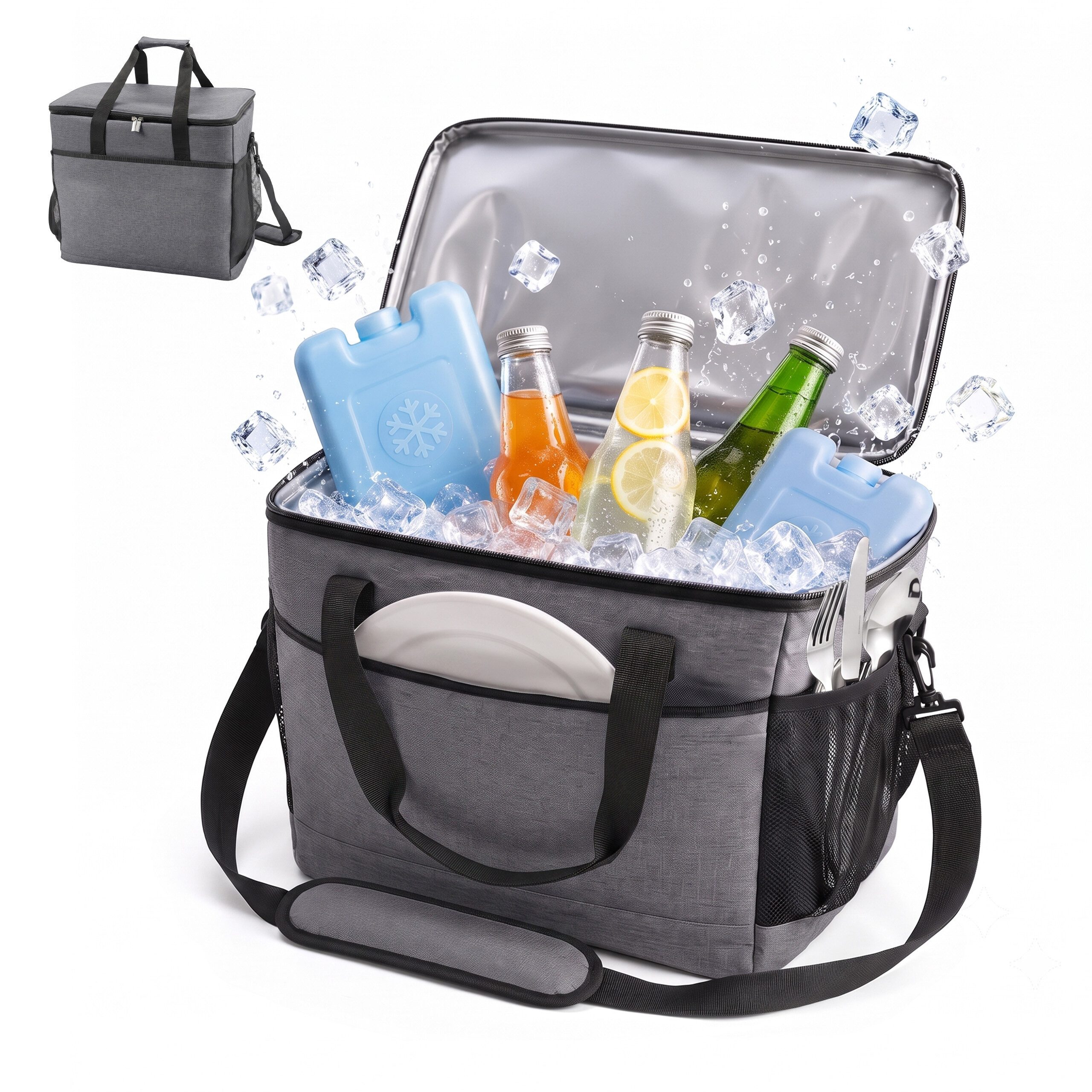 relaxdays Kühltasche mit Tragegriffen, 40 l, grau, 40 L