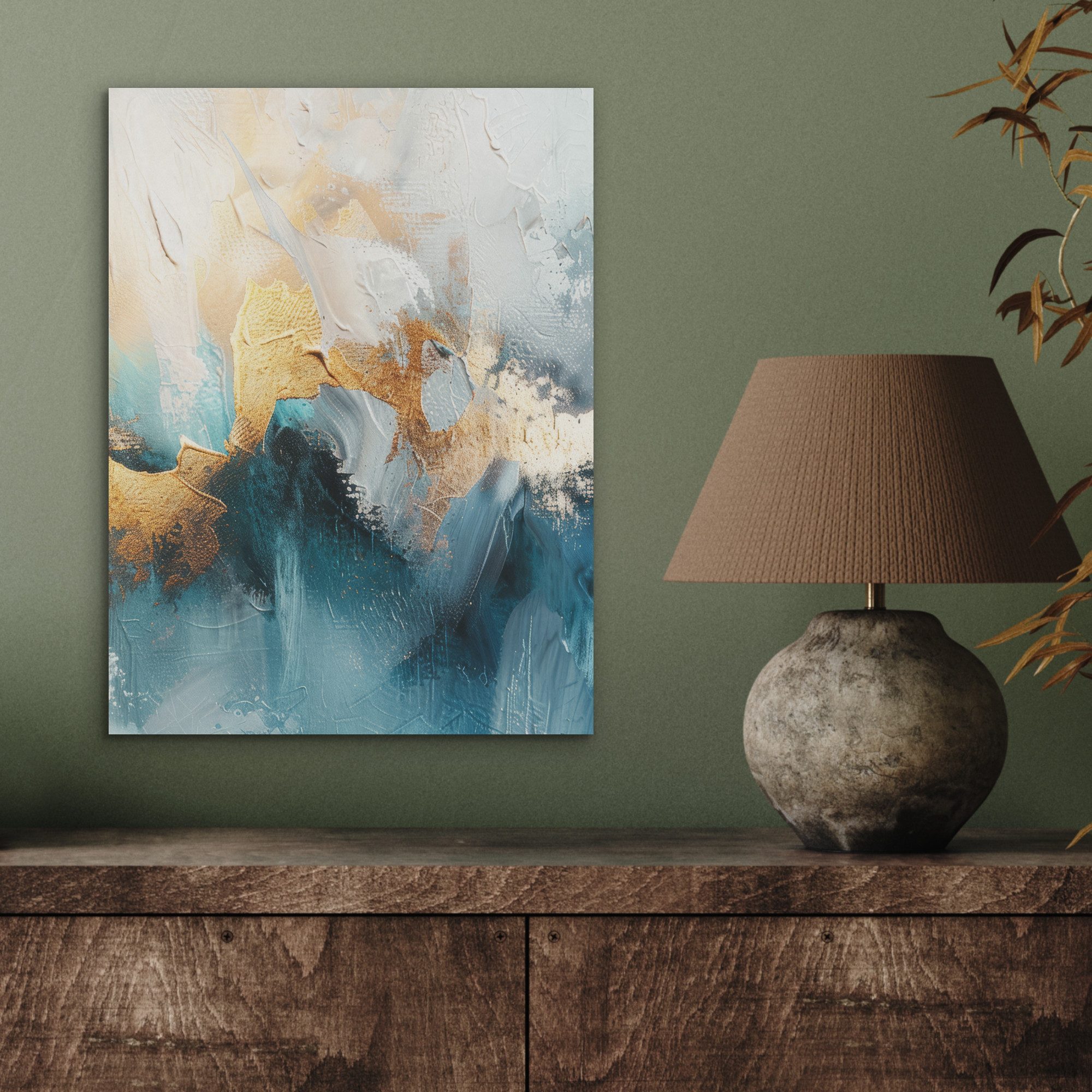 MuchoWow Gemälde Abstrakt - Kunst - Gold - Blau, Fotodruck (1 St), Akustikpaneele, Wandpaneele, Schalldämmung, Akustikbilder 30x40 cm
