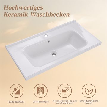 Sweiko Waschbeckenunterschrank Badezimmer Badmöbel Set :Waschbeckenunterschrank hängend 90cm breit (mit Keramikwaschbecken,Schubladen,Spiegelschrank) Hellbraun