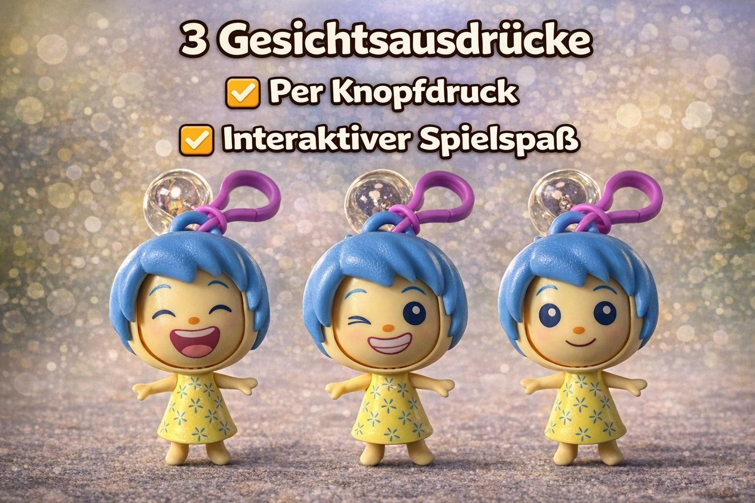 Disney Schlüsselanhänger Alles steht Kopf Anhänger Freude mit 3 Gesichtern Clip 8 cm (Set, 1-tlg., Geschenk-Set), 3 wechselbare Gesichtsausdrücke per Knopfdruck