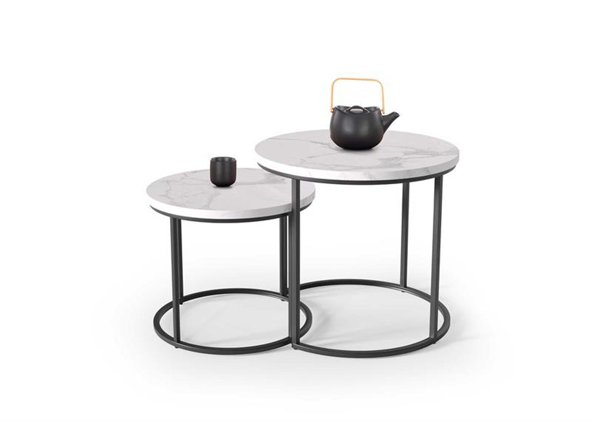 Couchtisch 2er Set Couchtische rund weißer Marmor Optik Metallgestell schwarz