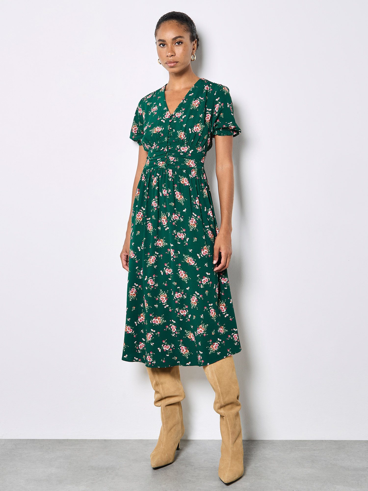 Apricot Druckkleid Midi-Kleid mit Blumenprint