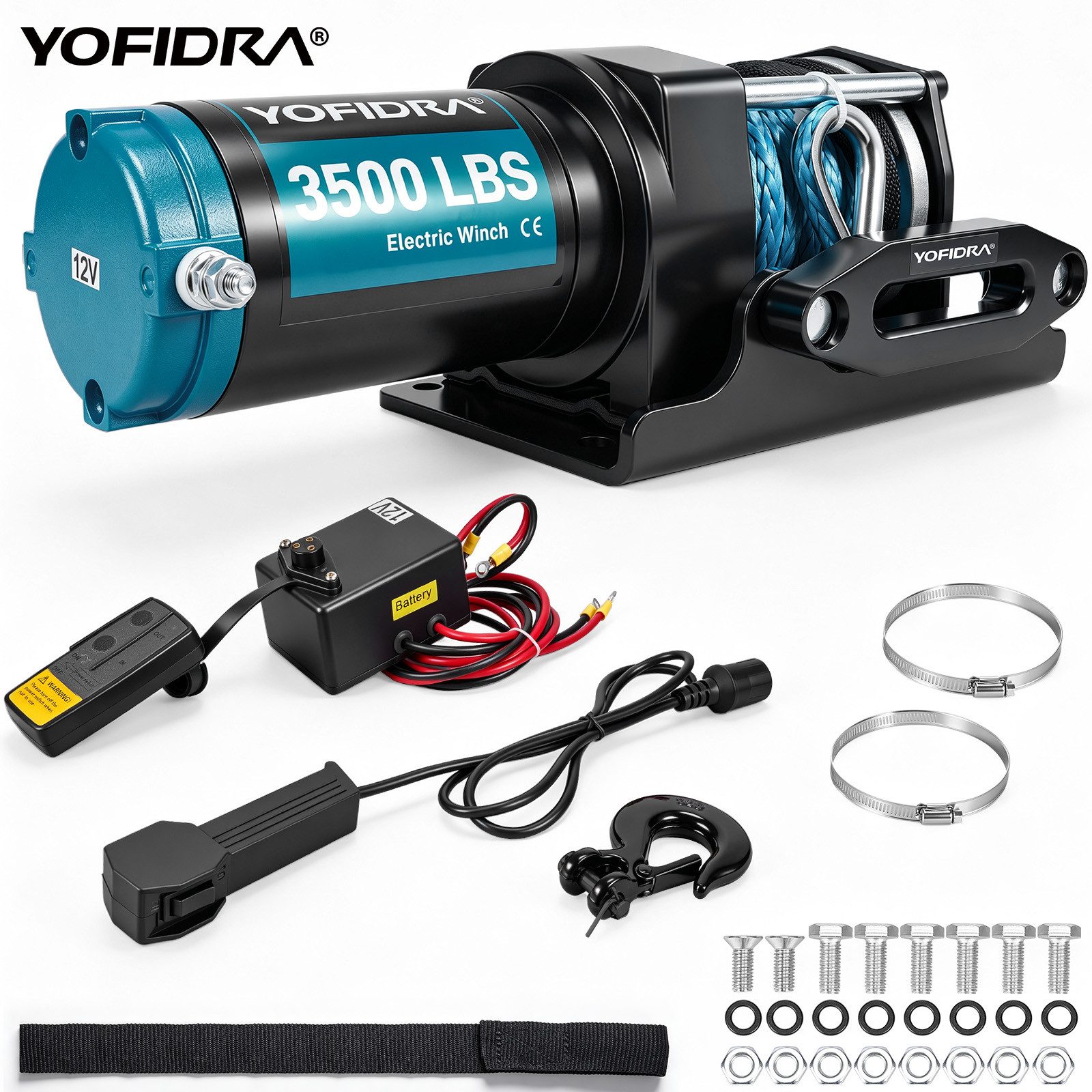 Yofidra Seilwinde 1500 kg, 12V, 2PS Kupfermotor, 10m Nylonseil, Funk, (1-St), Komplettset für Bergung & Heben