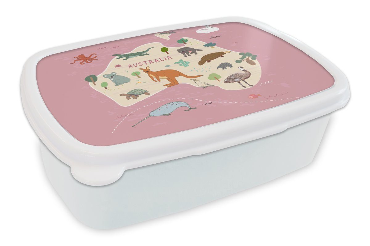 MuchoWow Lunchbox Mädchen Kinder und Kinder Jungs - Australien - - Kunststoff, Kinder, und - Erwachsene, - Mädchen Brotdose, für Weltkarte weiß Brotbox (2-tlg), für Tiere