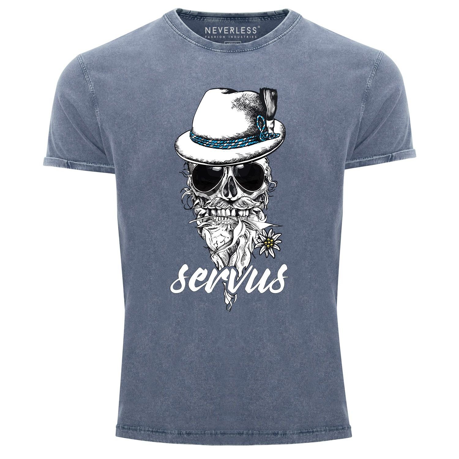 Slim Aufdruck T-Shirt Angesagtes Look mit Skull Servus Cooles, Shirt blau Totenkopf Neverless® Print-Shirt Print Used Vintage lustiges Neverless Fit Herren