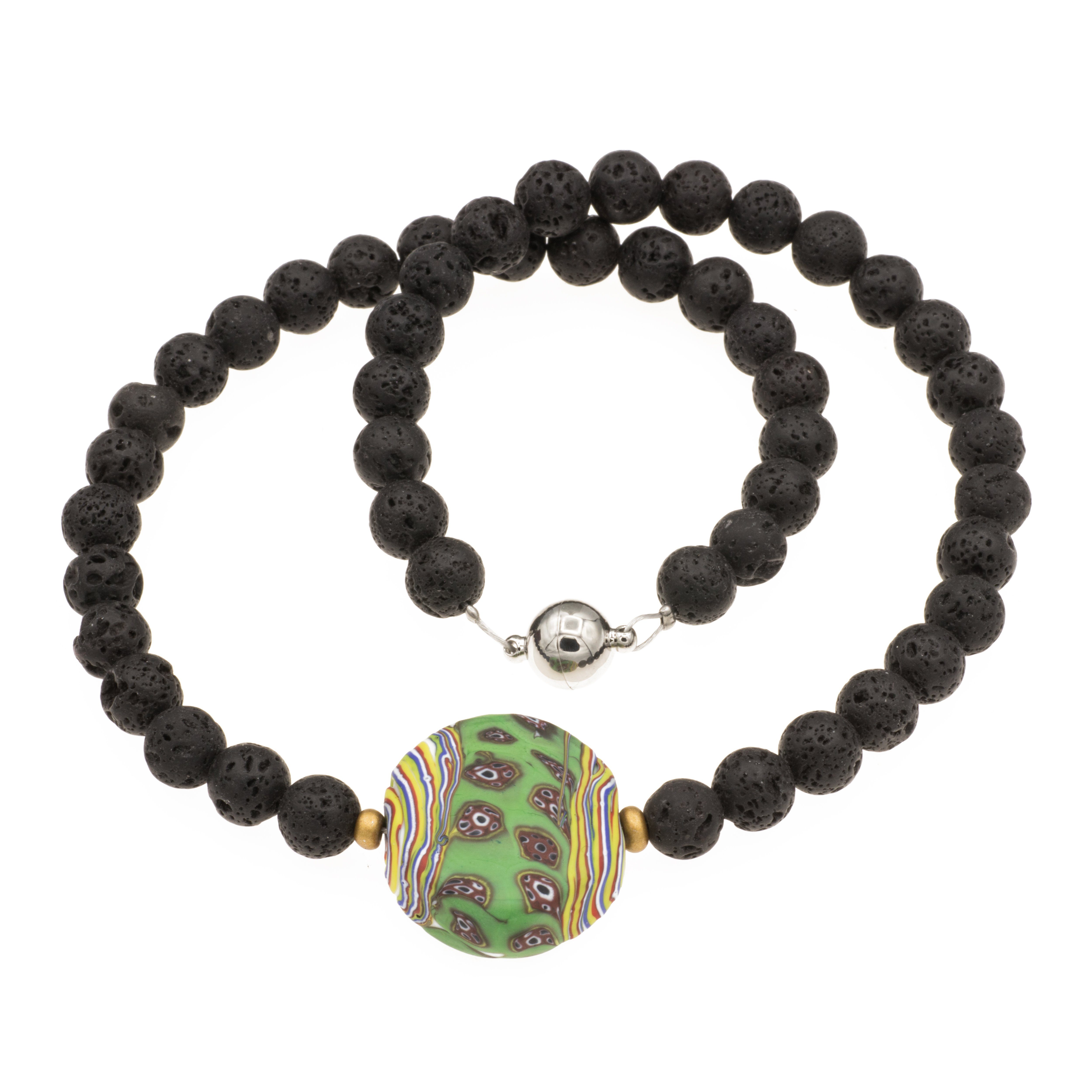 Perlenkette Kette mit Murano Glas Millefiori Mosaik Perle grün u. Lava Perlen
