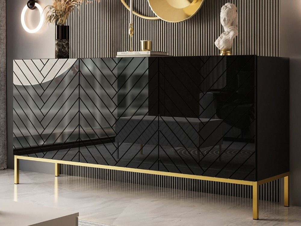 ALLHOUSE24 Kommode ELISE 160 Fischgrätenfront Hochglanz GOLD Metallgestell BERLIN, Breite 160 cm
