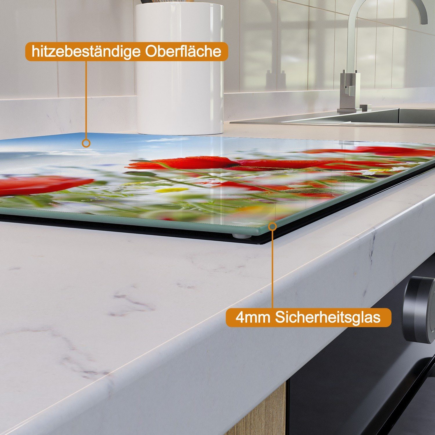 Wallario Herd-Abdeckplatte Mohnblumen unter blauem Himmel, ESG-Sicherheitsglas, (Glasplatte, 1 tlg., inkl. 5mm Noppen), verschiedene Größen