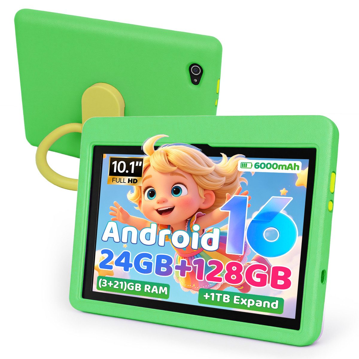 Happybe 10,1 Zoll 24GB(3+21) RAM 128GB HD IPS 6000 mAh Android 16 Kinder Tablet (10.1", 128 GB, Android)