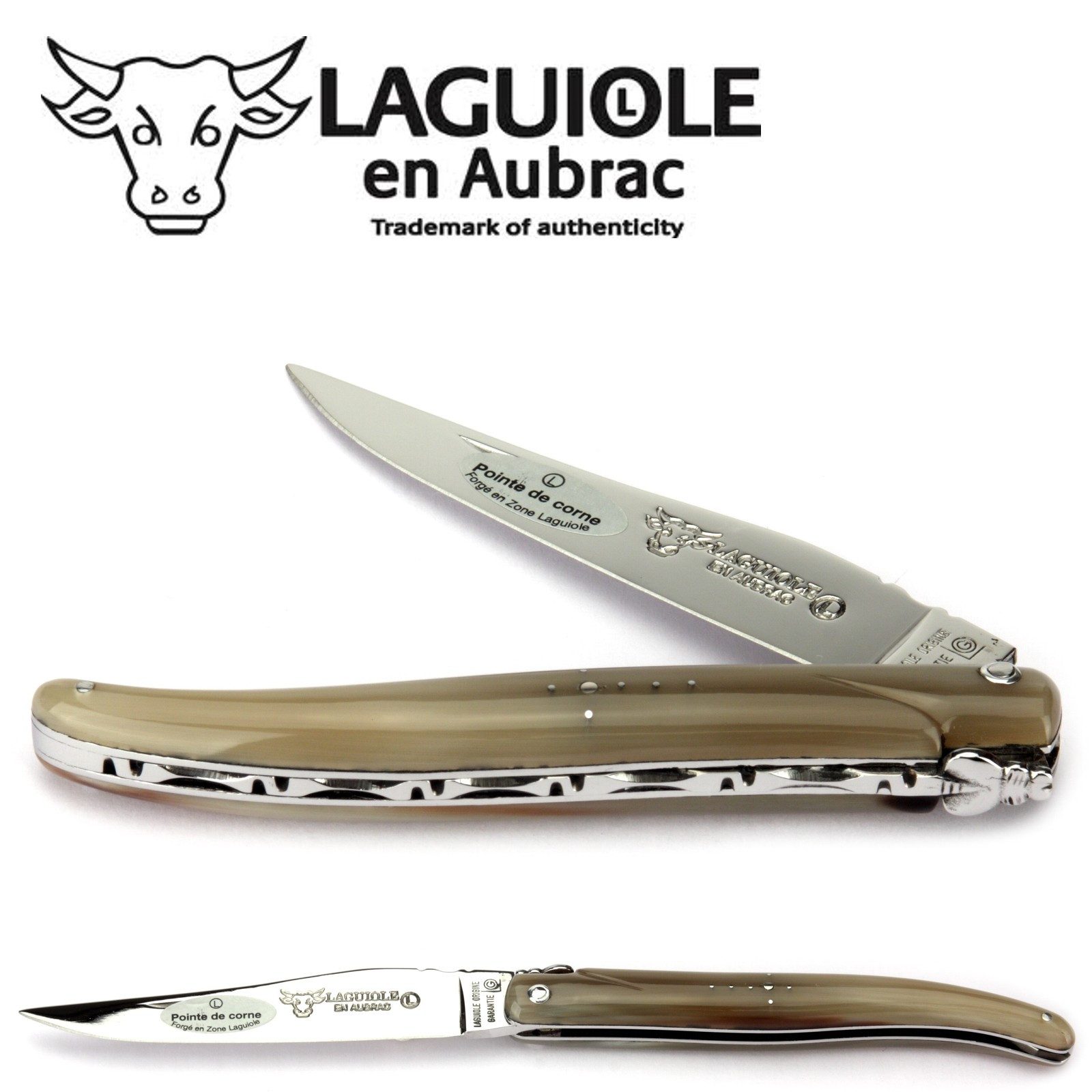 Laguiole en Aubrac Taschenmesser L0512PCIF, Griff 12cm Hornspitze - Verzierte Feder - Stahl glänzend