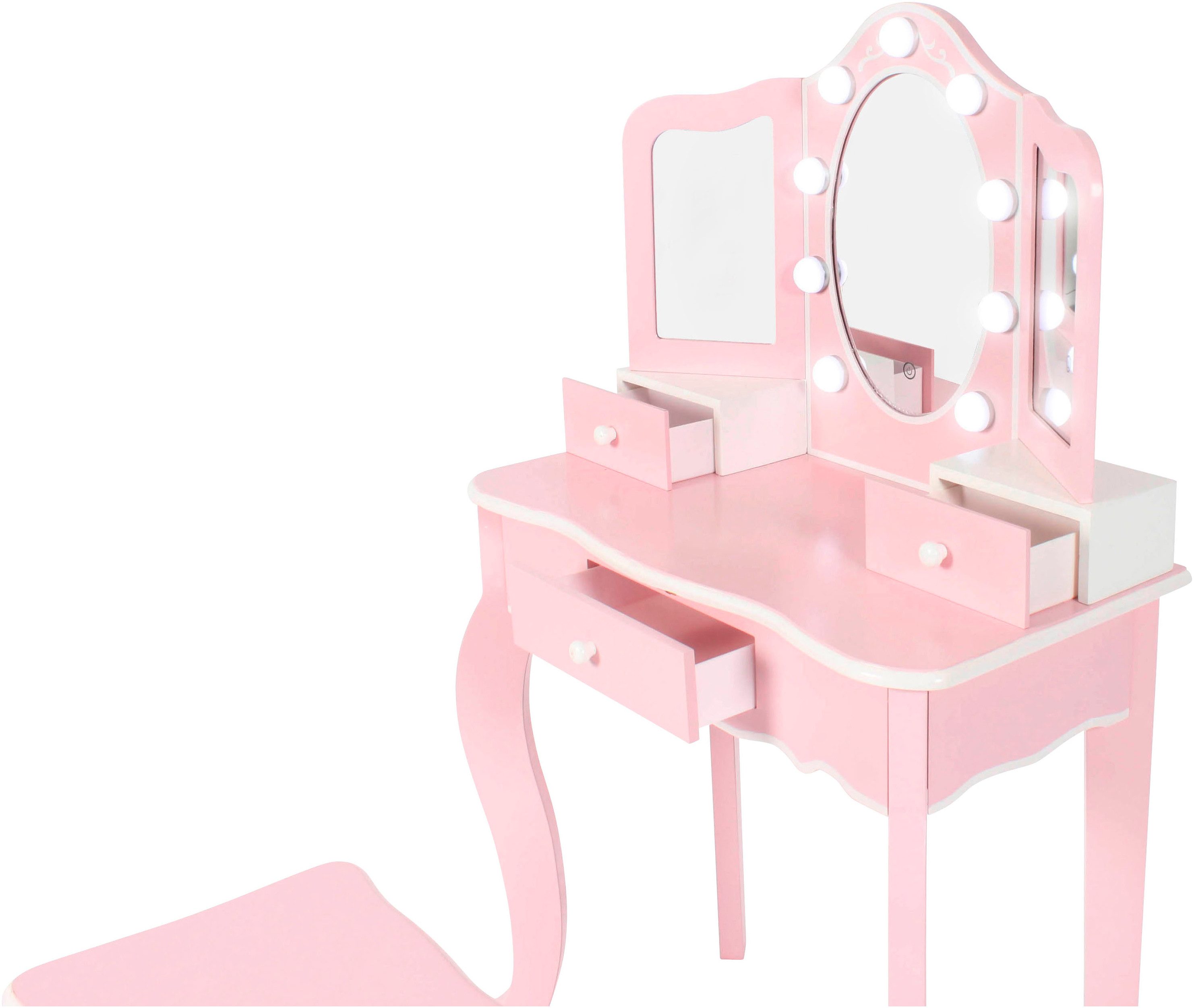 CHIC2000 Schminktisch pastellrosa, mit großen LED-Lichter rund um den Spiegel und Hocker