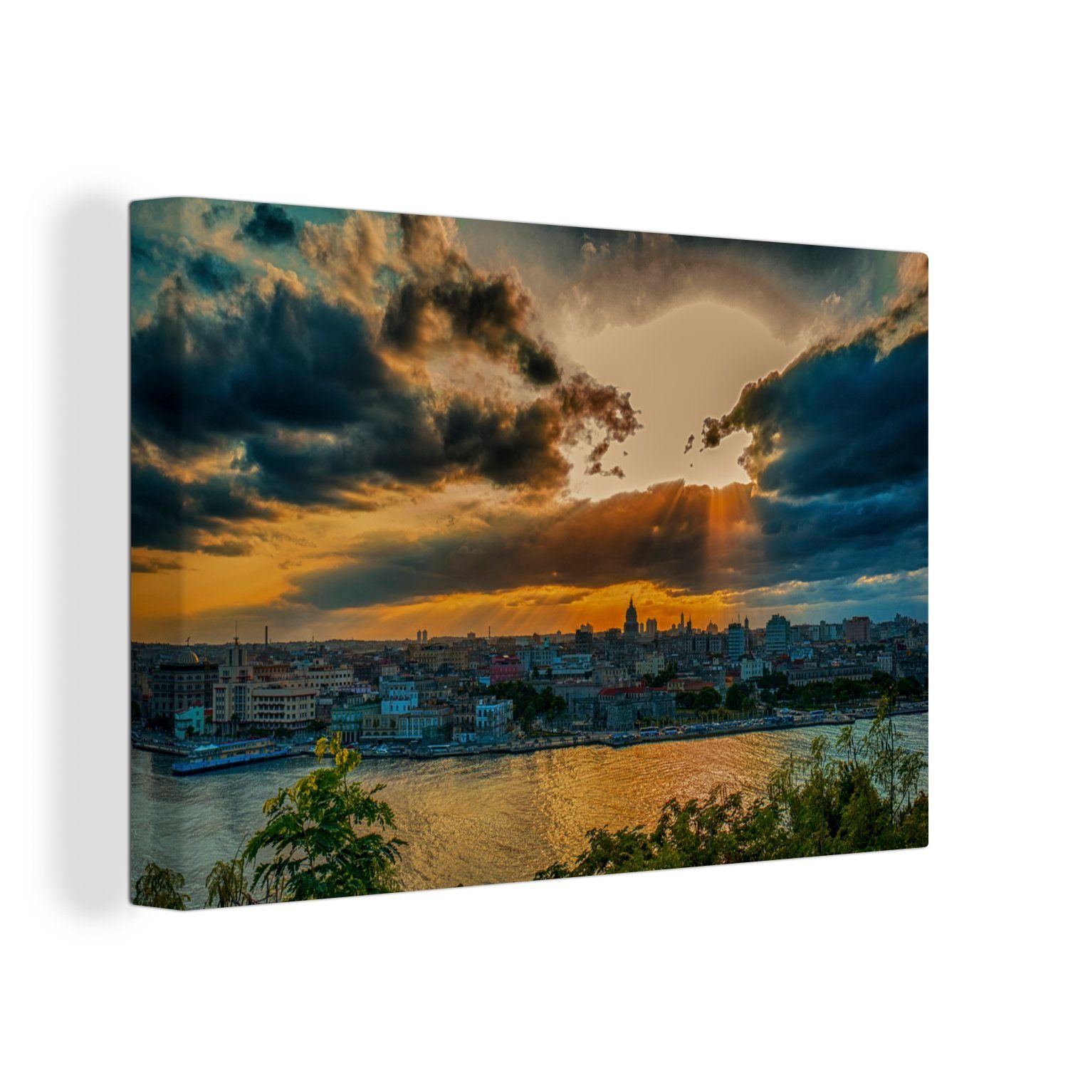 OneMillionCanvasses® Leinwandbild Farbenfroher Sonnenuntergang über dem nordamerikanischen Kuba, (1 St), Wandbild Leinwandbilder, Aufhängefertig, Wanddeko, 30x20 cm