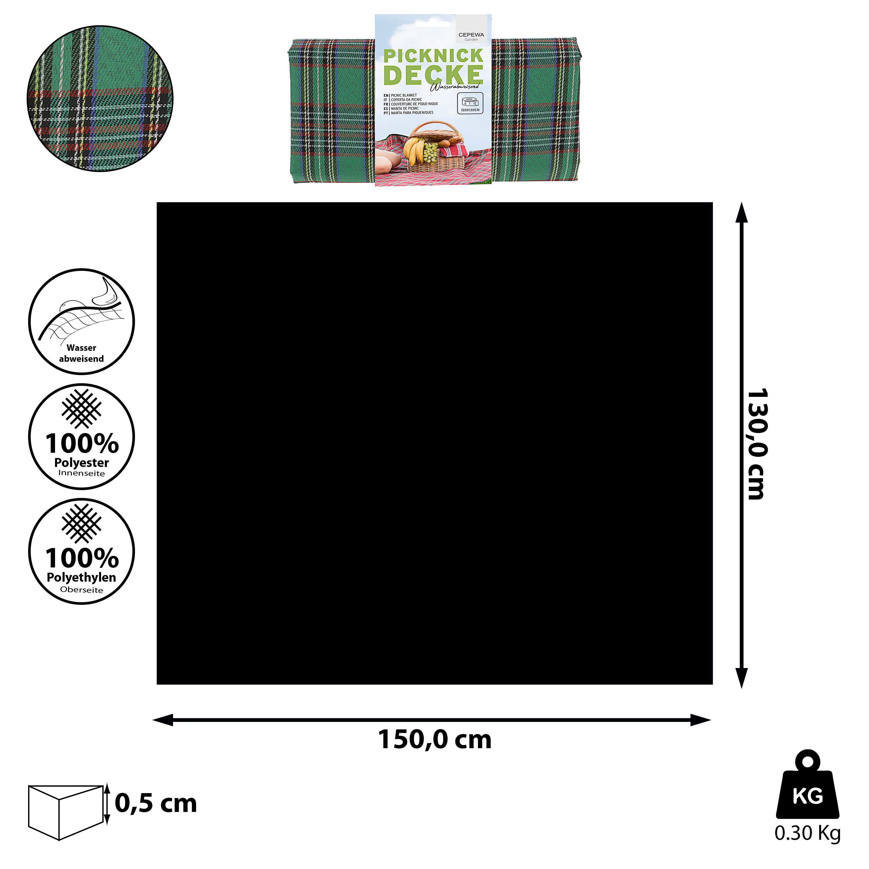 Outdoordecke Picknickdecke 150x130 grün Polyester Beschichtung wasserabweisend Karo, CEPEWA