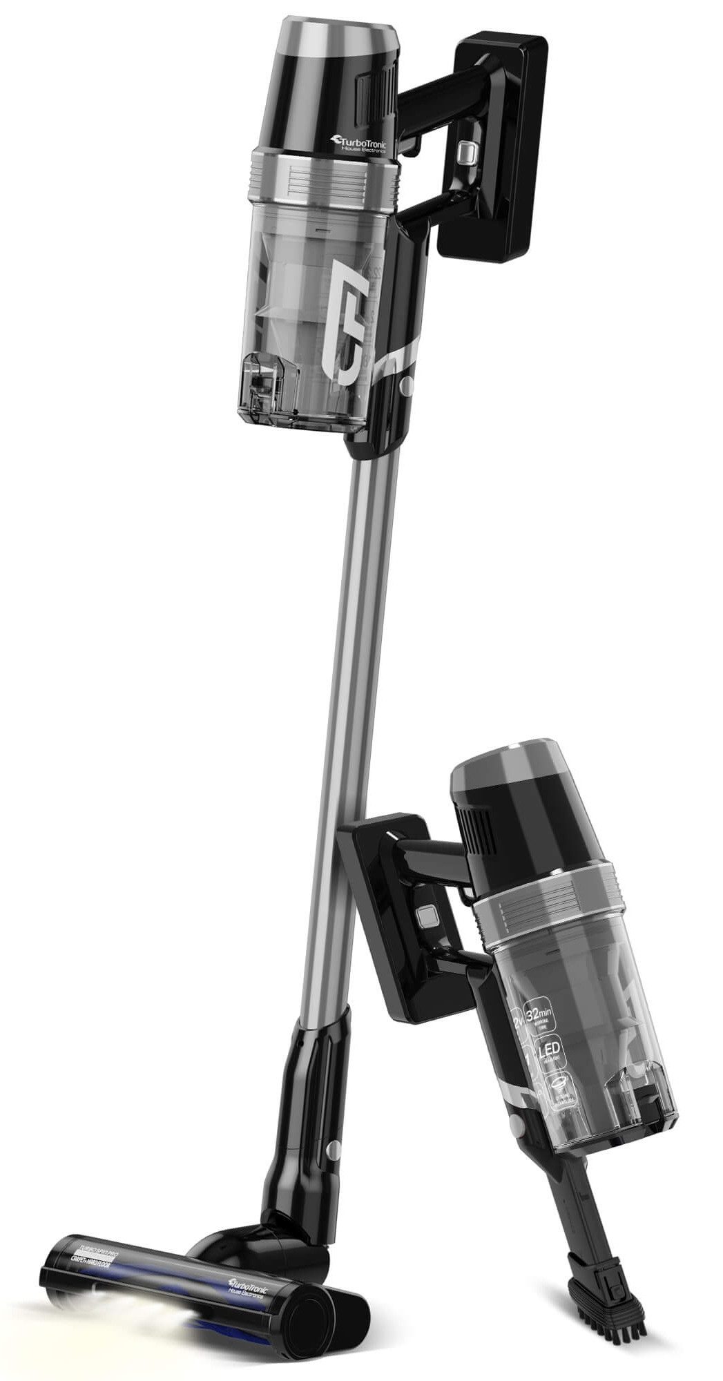 TurboTronic by Z-Line Akku-Hand-und Stielstaubsauger 22,2 V Akku, kabellos, LED-Bodendüse, 32 Min. Laufzeit, beutellos, 120 W, beutellos, 0,9 l Staubbehälter, Zyklon-System, 2 Saugstufen und LED-Licht