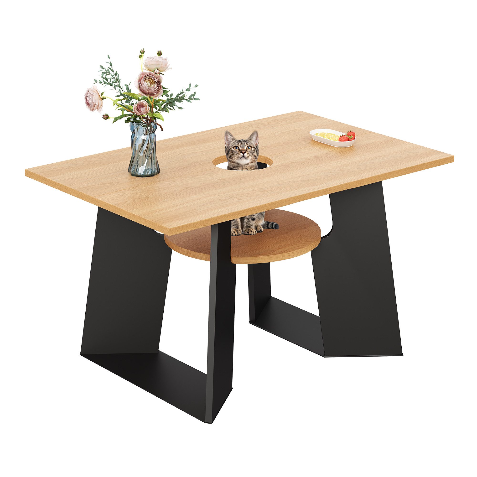 BlingBin Esstisch Esszimmer-Küchentisch mit Haustierbereich & Ablagebrettchen (1er Set, 1-St., Maße: 130 x 85 x 75 cm, Tischplatte: Tragfähigkeit von 40 kg), Beistelltisch Rechteckig für 6 Personen, Naturholz-Schwarz Mix