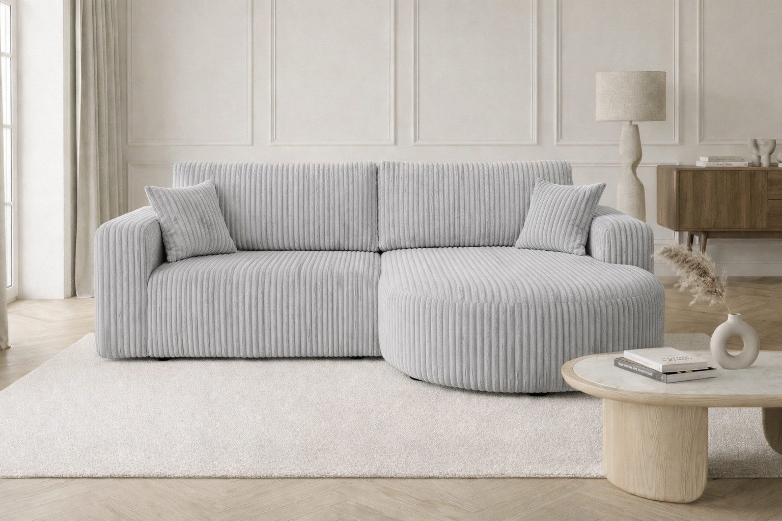 Kaiser Möbel Ecksofa mit Schlaffunktion für Wohnzimmer, Cordstoff Tilia, ROUND ONE, abgerundete Form, Liegefunktion, Stauraum, modernes Design