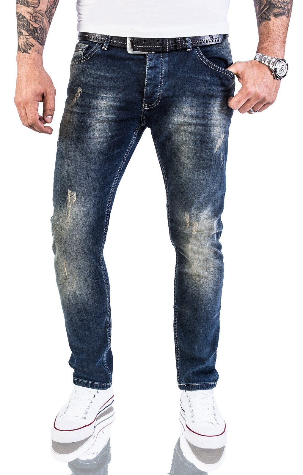 Rock Creek Slim-fit-Jeans Herren Jeans Slim Fit Blau M21 Dunkelblau Used