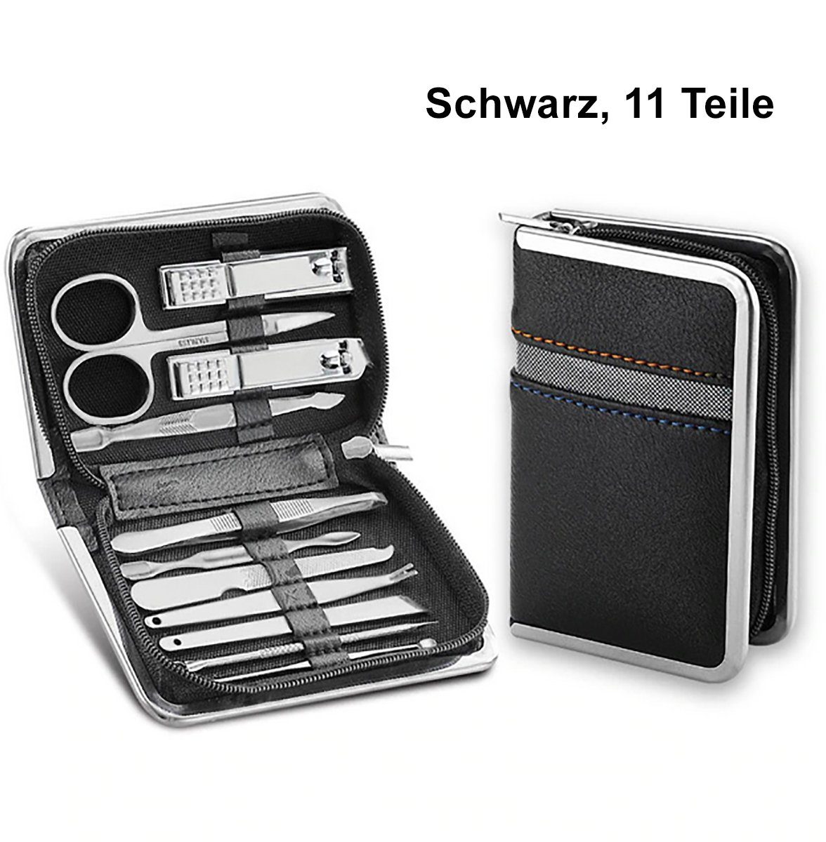 TPFBeauty Maniküre-Pediküre-Set Nagel Set mit Aufbewahrungs-Etui, 11-tlg., Nagelschere, Nagelknipser, Pinzette uvm., Edelstahl Maniküre Set Pediküre Set - Schwarz