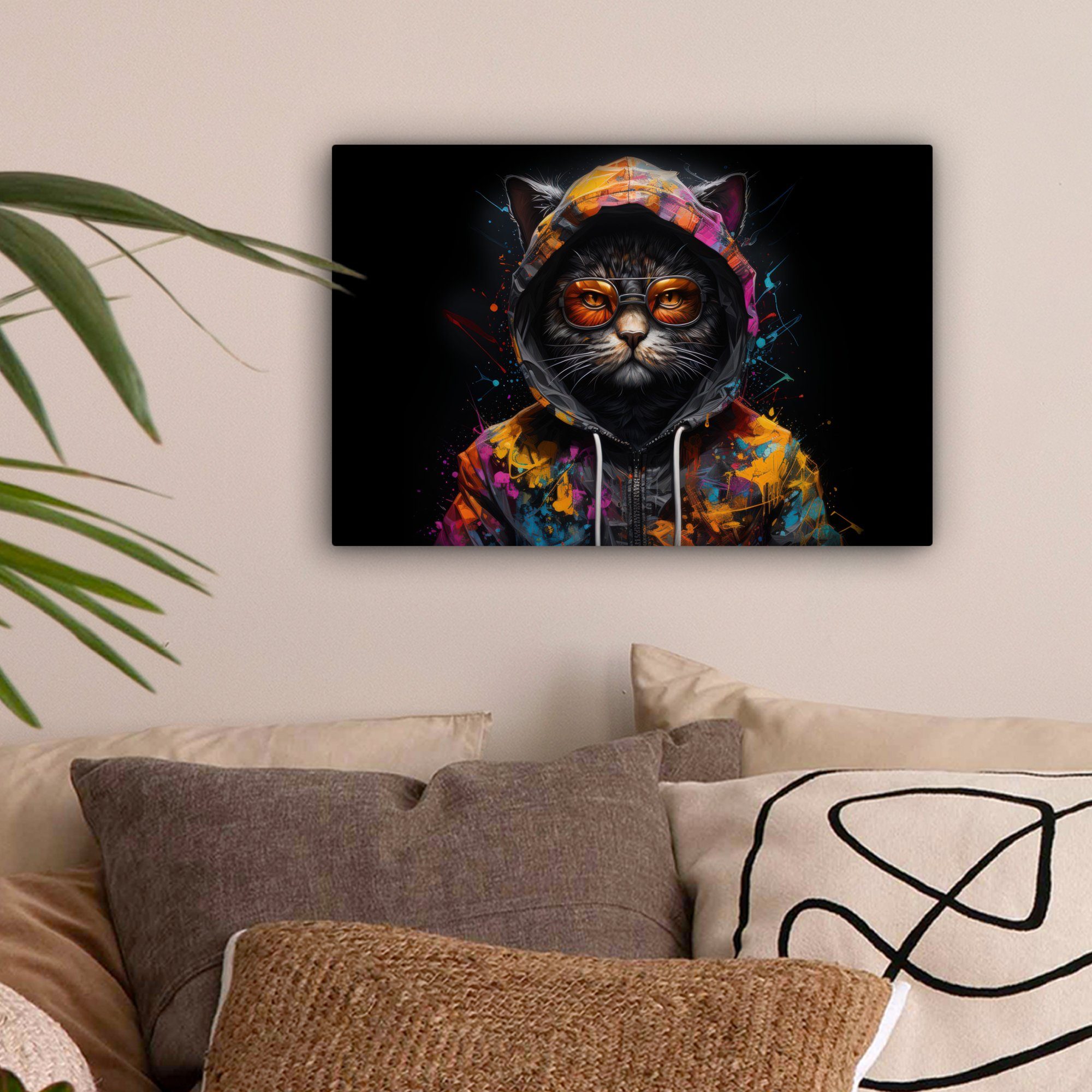 OneMillionCanvasses® Leinwandbild Katze - Mantel - Graffiti - Brille - Schw günstig online kaufen